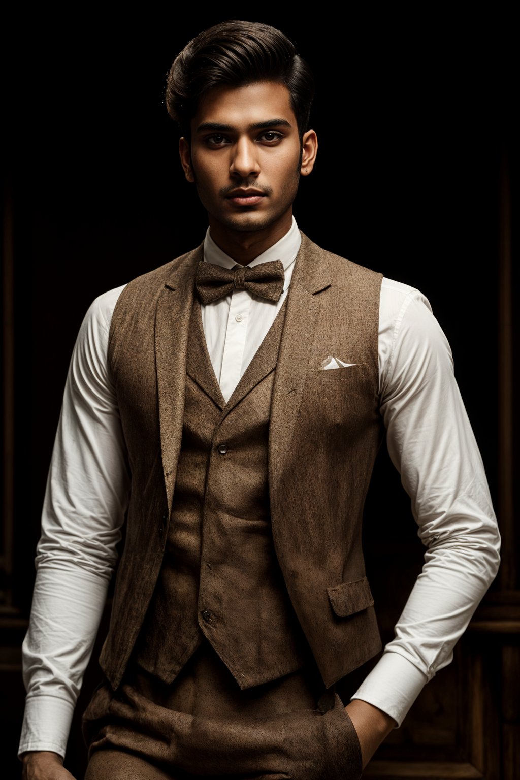 handsome and stylish man wearing a trendy tweed suit with a patterned bow tie and a contrasting vest