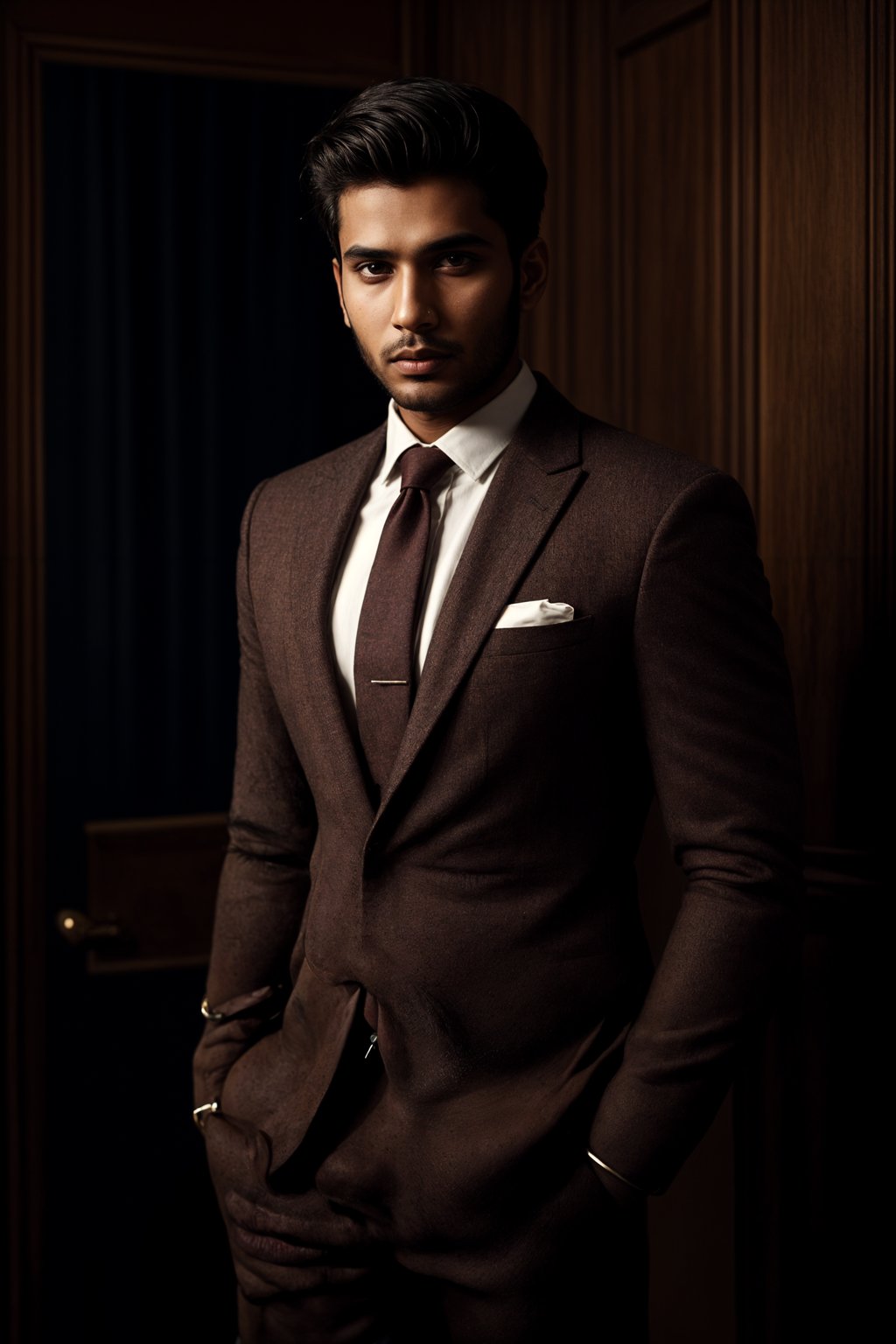 handsome and stylish man showcasing a dappersuit in a bold plaid pattern with a solid-colored shirt and a knitted tie