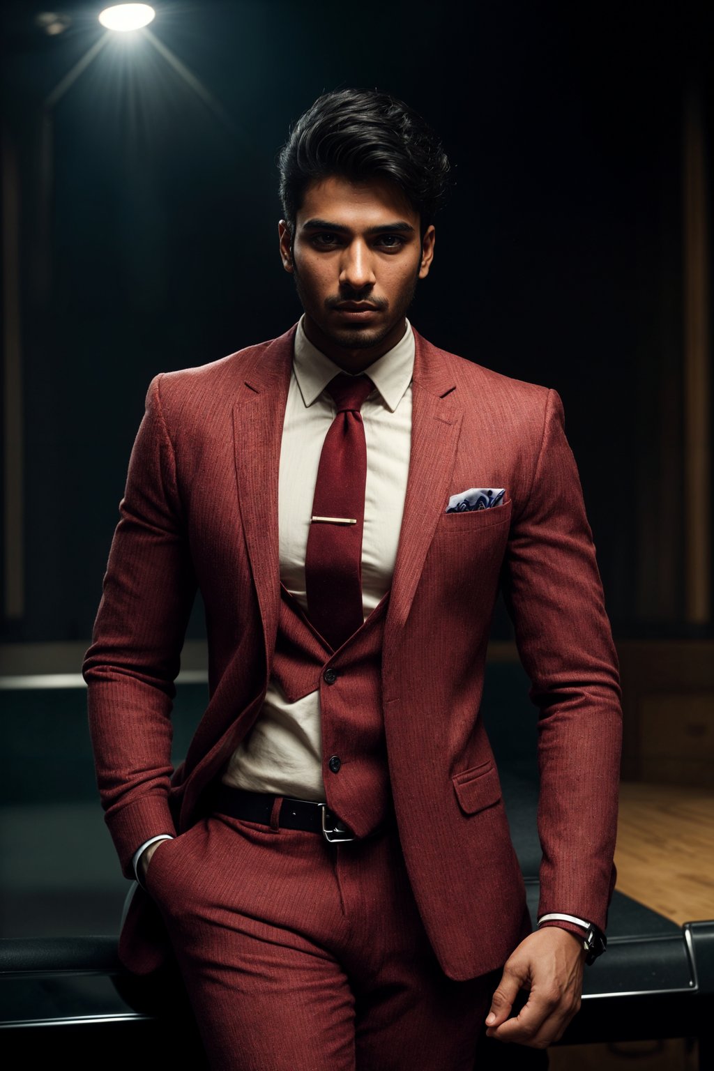 handsome and stylish man showcasing a dappersuit in a bold plaid pattern with a solid-colored shirt and a knitted tie