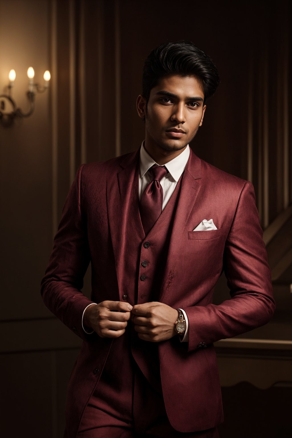 handsome and stylish man trying on a stylish three-piece suit in a rich burgundy color with a crisp white shirt and a paisley patterned pocket square