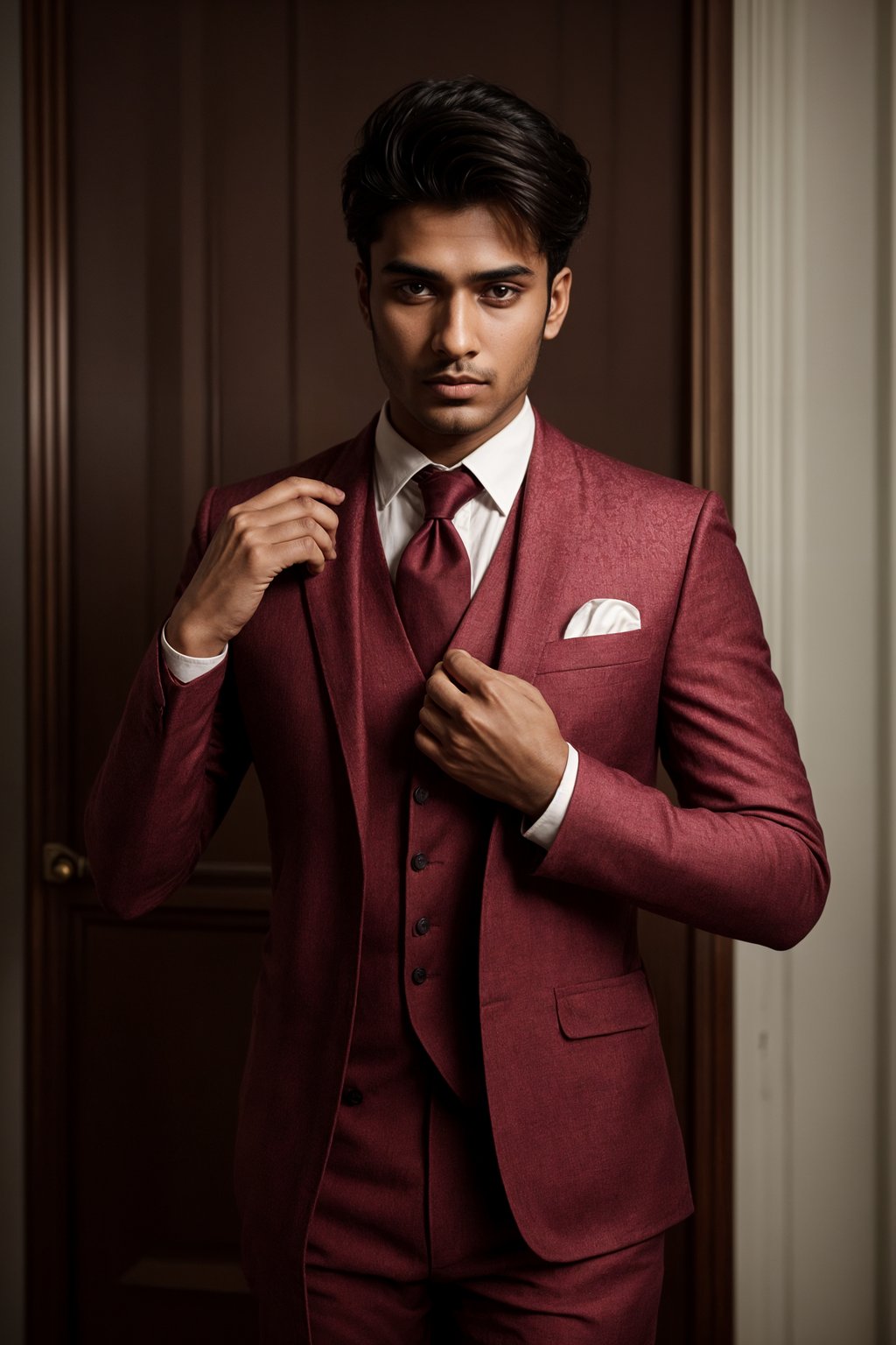 handsome and stylish man trying on a stylish three-piece suit in a rich burgundy color with a crisp white shirt and a paisley patterned pocket square