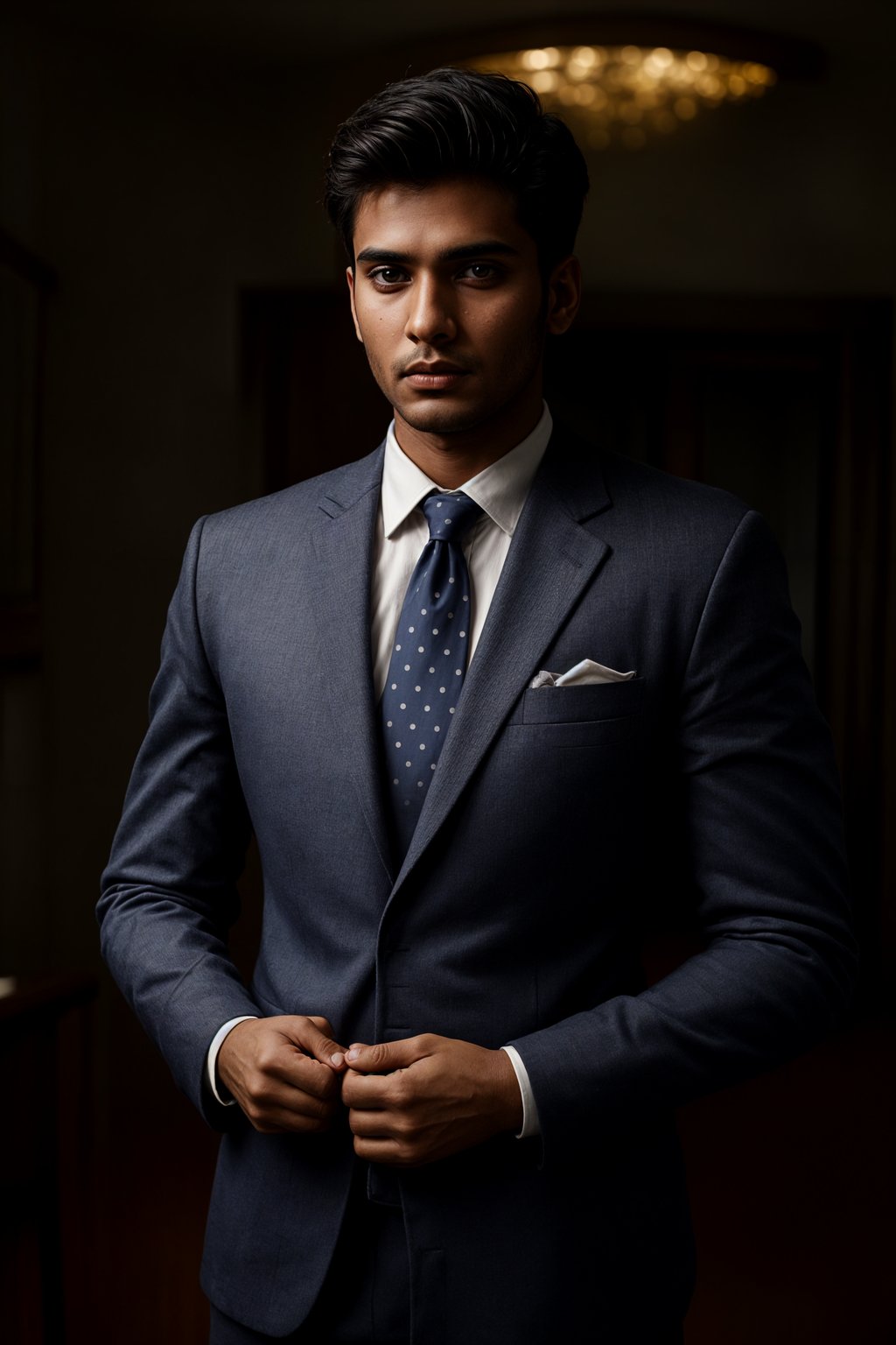 handsome and stylish man wearing a classic navy herringbone suit with a light pink dress shirt and a polka dot tie