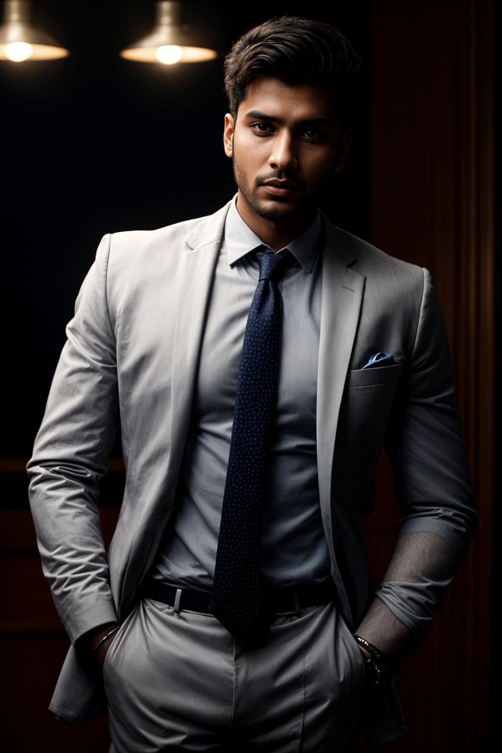 handsome and stylish man wearing a classic navy herringbone suit with a light pink dress shirt and a polka dot tie