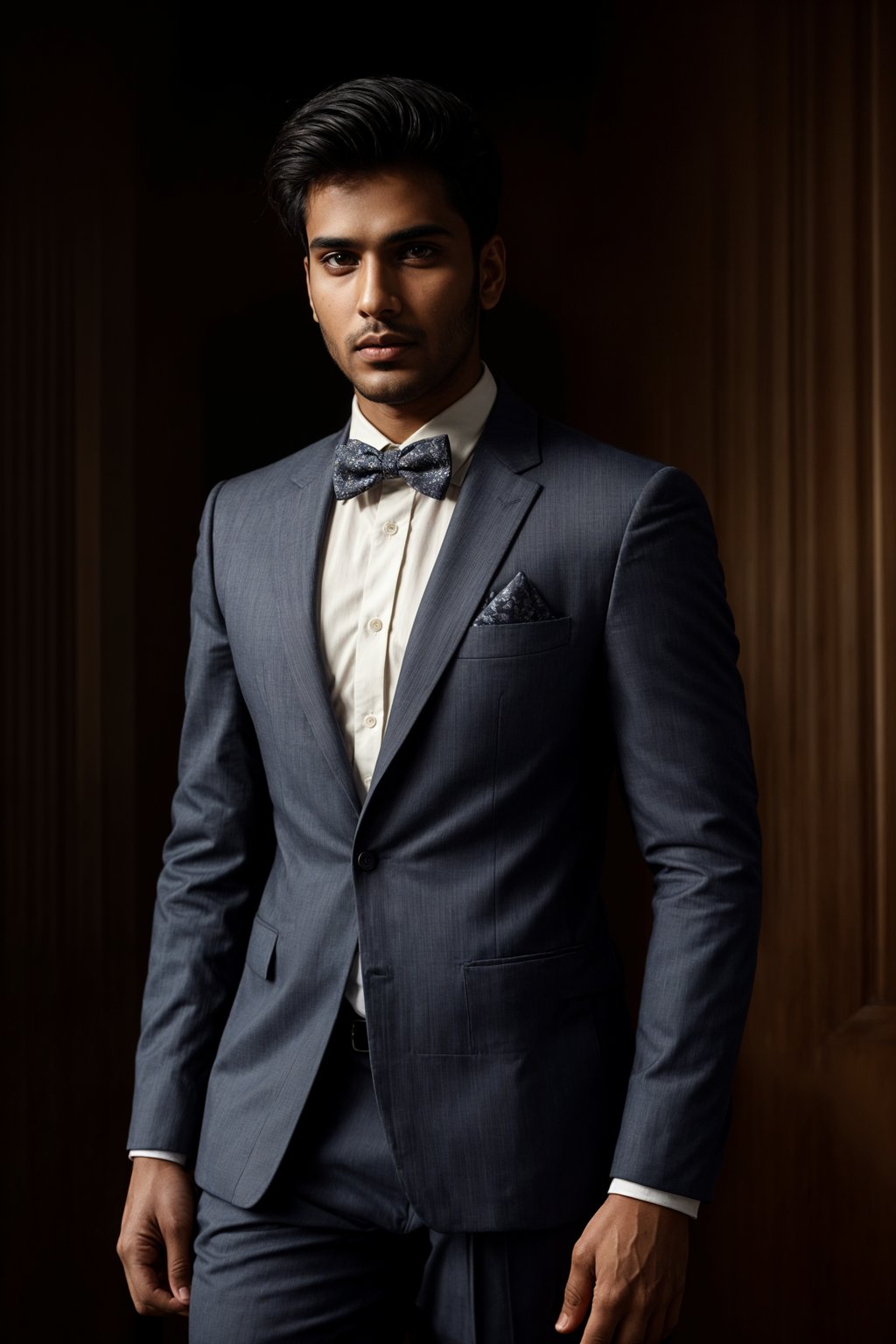 handsome and stylish man showcasing a unique windowpane check suit in a navy blue color with a patterned shirt and a contrasting bow tie