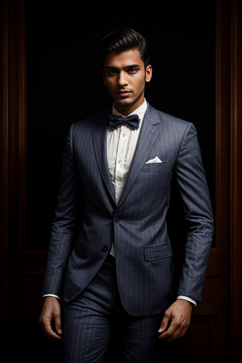 handsome and stylish man showcasing a unique windowpane check suit in a navy blue color with a patterned shirt and a contrasting bow tie