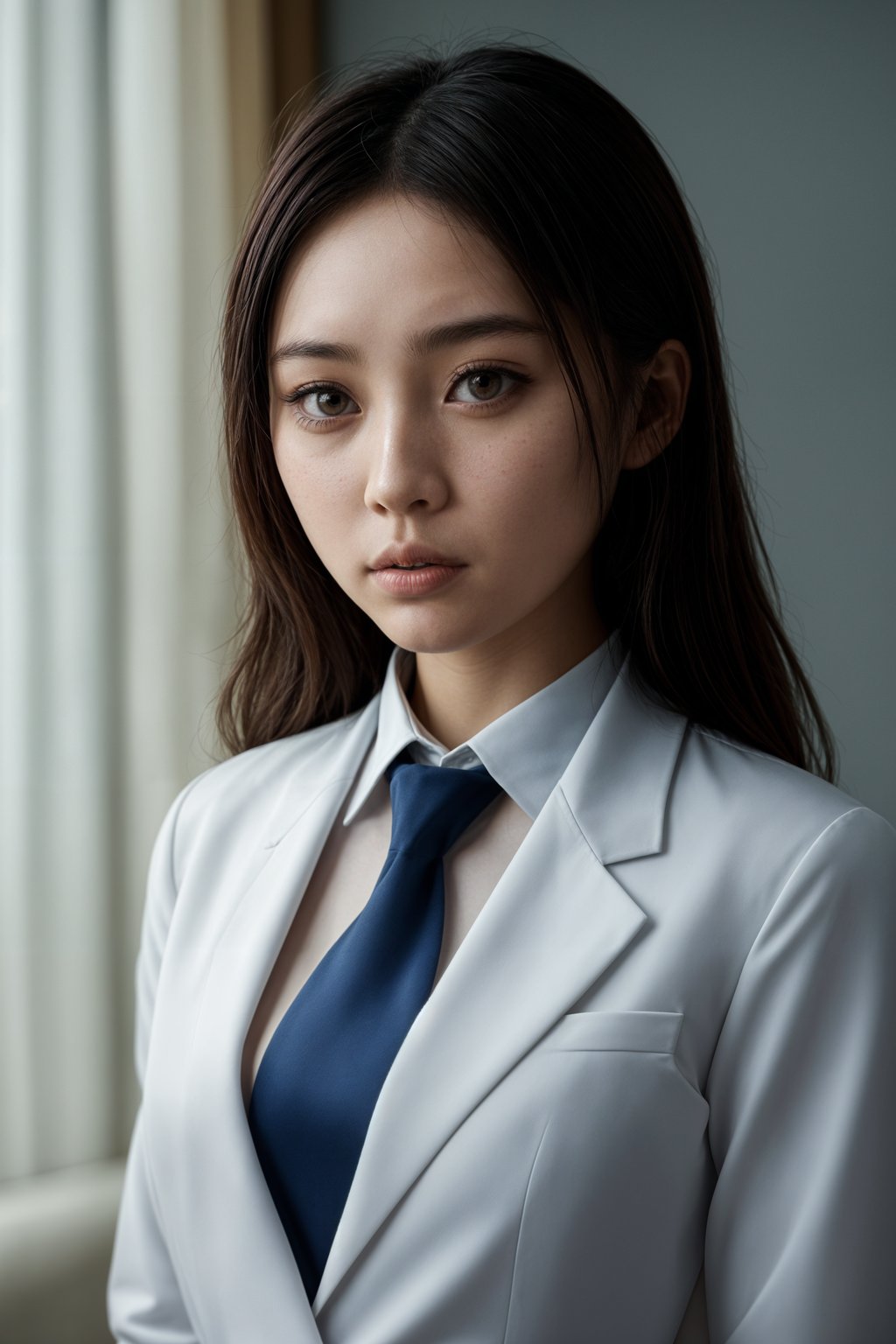 woman wearing a classic navy blue suit with a crisp white dress shirt and a patterned tie