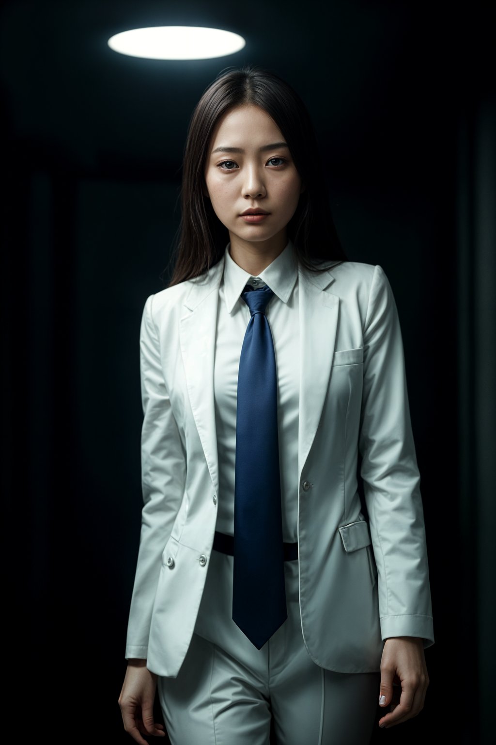 woman wearing a classic navy blue suit with a crisp white dress shirt and a patterned tie