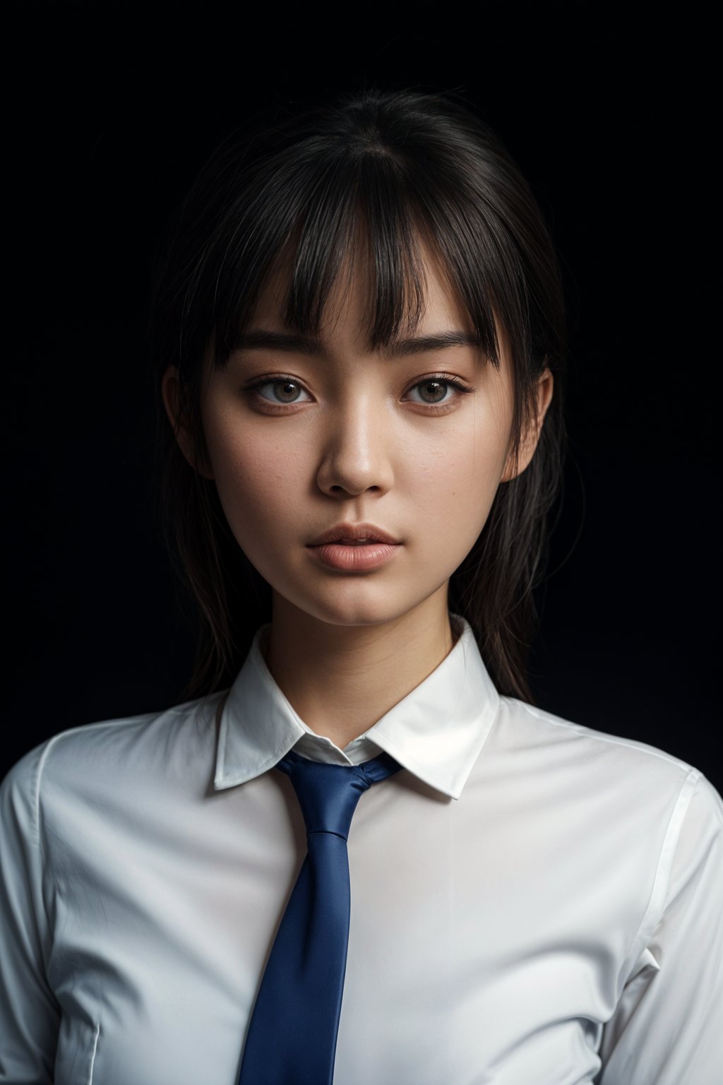 woman wearing a classic navy blue suit with a crisp white dress shirt and a patterned tie