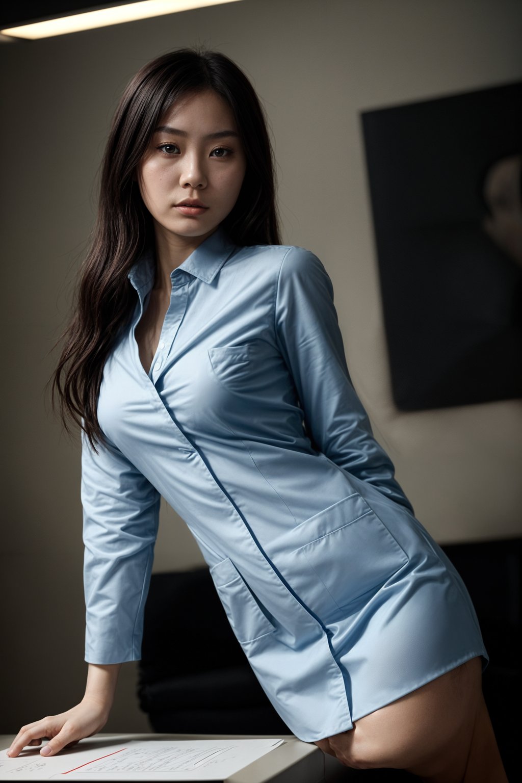 woman showcasing a modern slim-fit charcoal with a light blue dress shirt and a contrasting pocket square