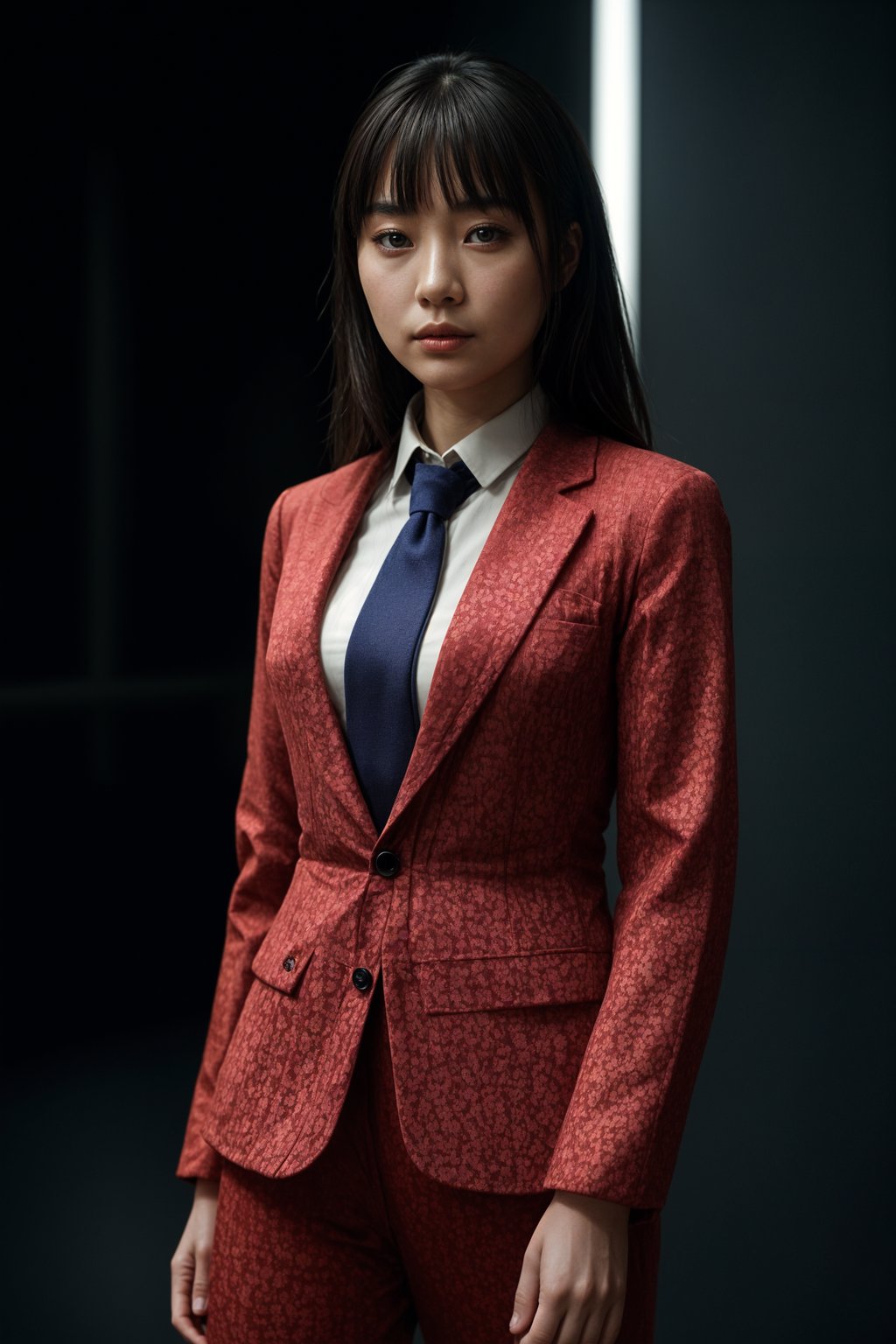 woman showcasing a dappersuit in a bold plaid pattern with a solid-colored shirt and a knitted tie