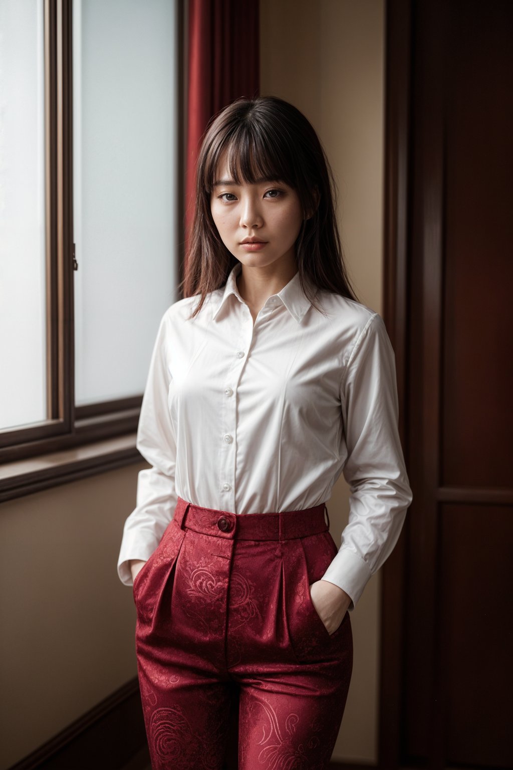 woman trying on a stylish three-piece suit in a rich burgundy color with a crisp white shirt and a paisley patterned pocket square