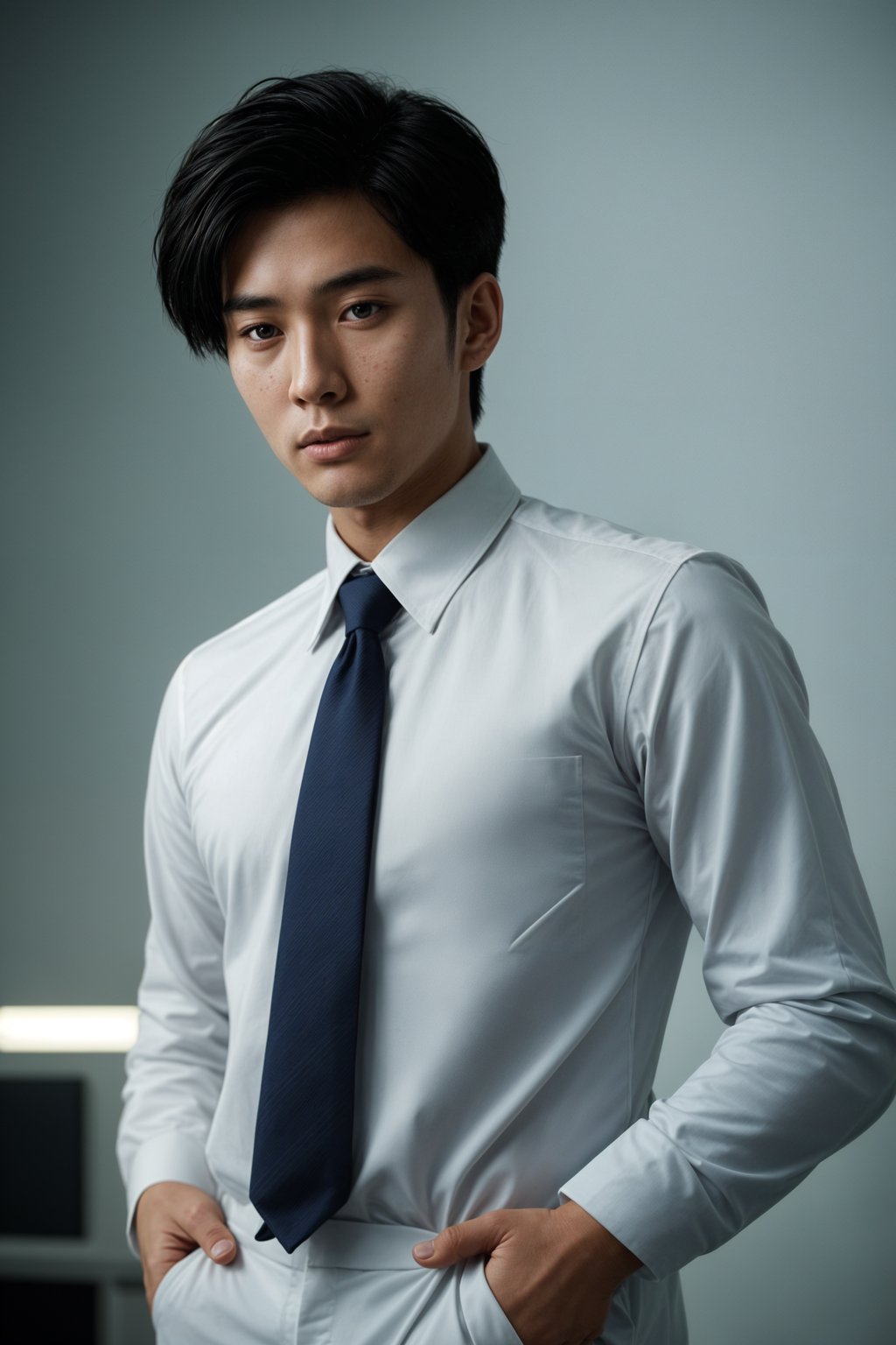 handsome and stylish man wearing a classic navy blue suit with a crisp white dress shirt and a patterned tie