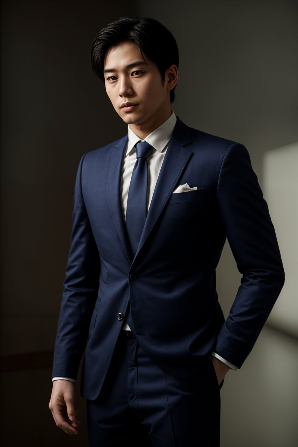 handsome and stylish man wearing a classic navy blue suit with a crisp white dress shirt and a patterned tie