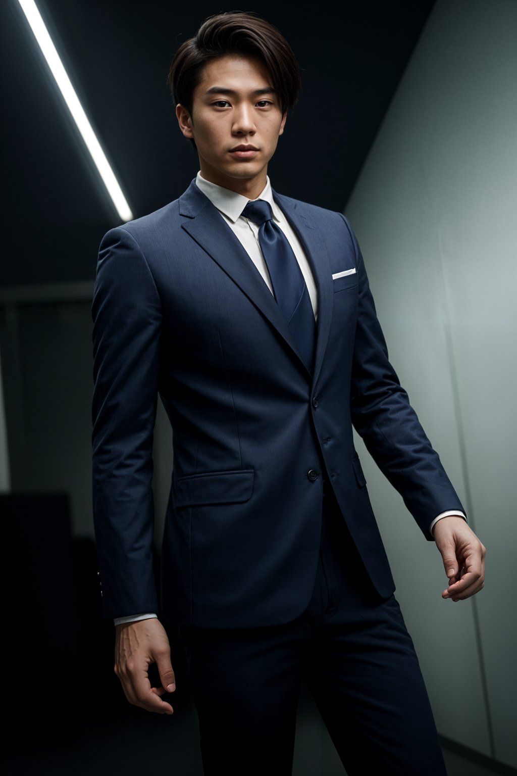 handsome and stylish man wearing a classic navy blue suit with a crisp white dress shirt and a patterned tie