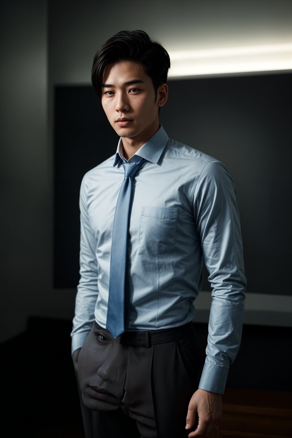 handsome and stylish man showcasing a modern slim-fit charcoal with a light blue dress shirt and a contrasting pocket square