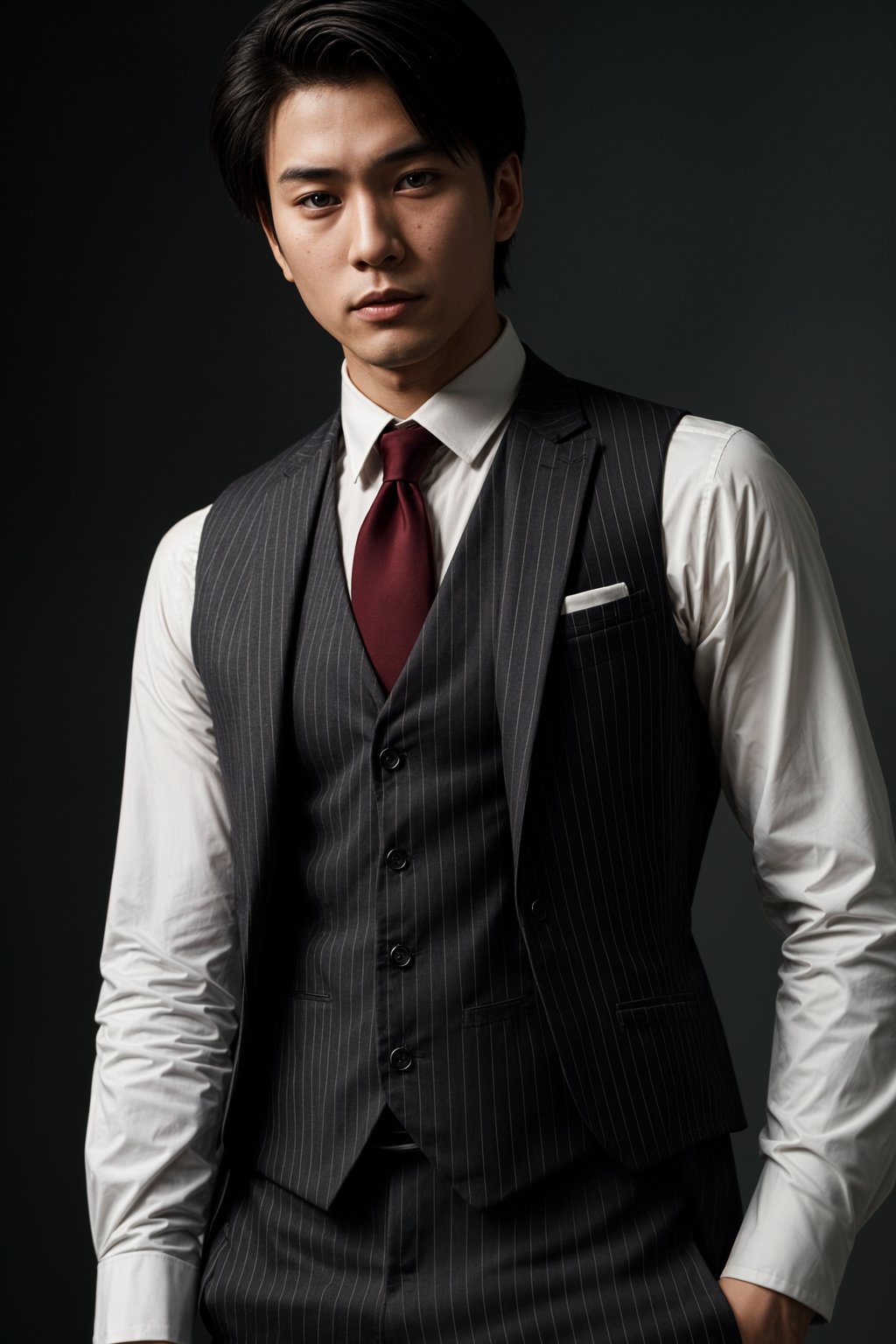 handsome and stylish man trying on a sophisticated pinstripe suit with a waistcoat and a burgundy tie