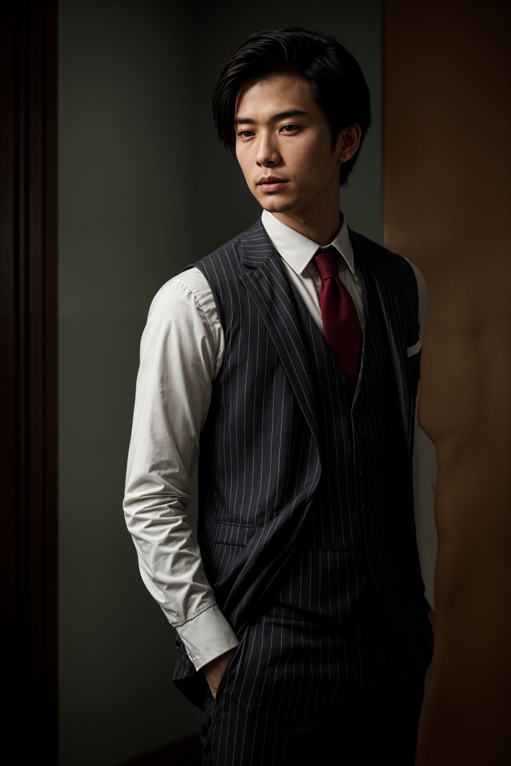 handsome and stylish man trying on a sophisticated pinstripe suit with a waistcoat and a burgundy tie