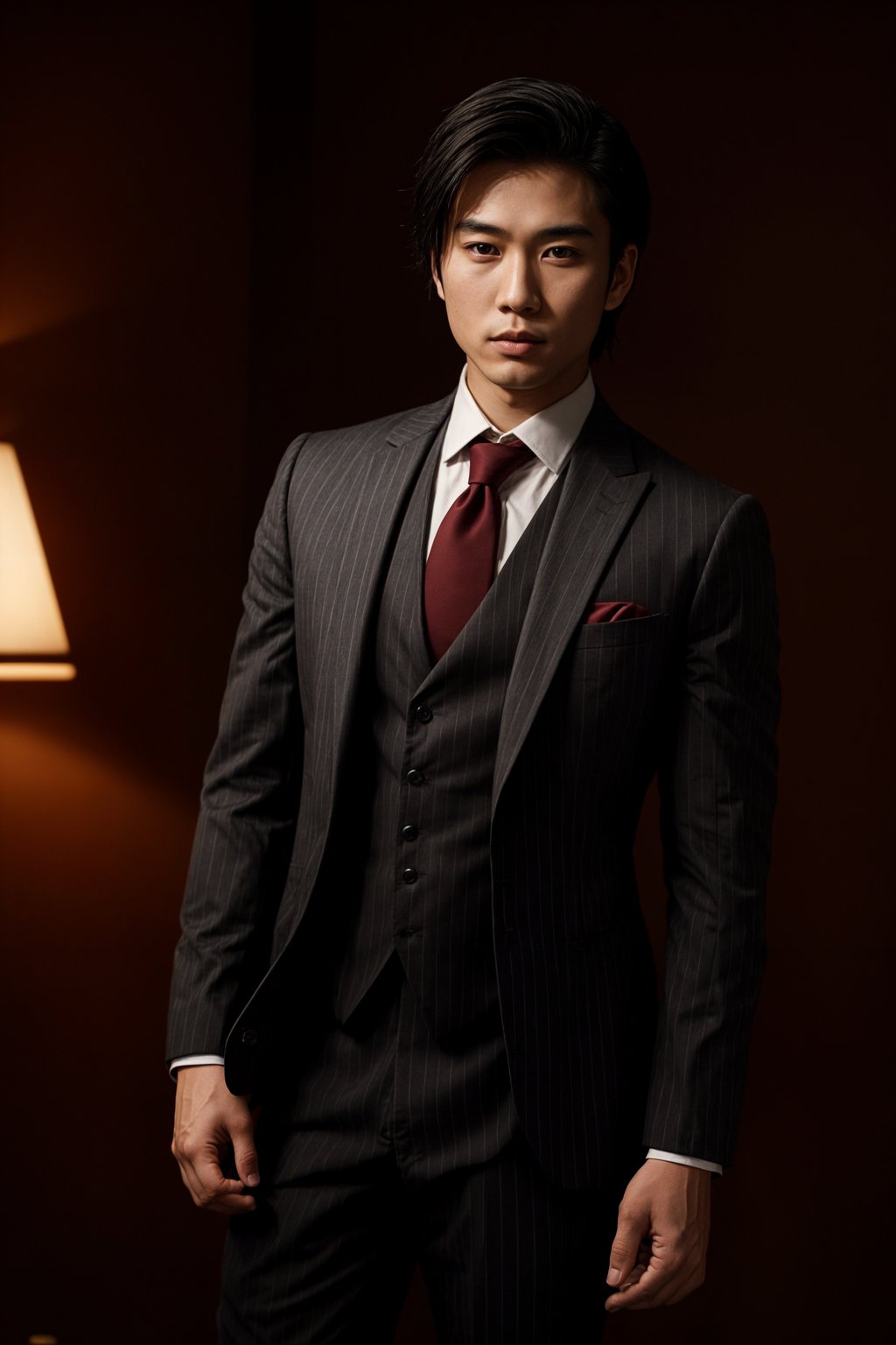 handsome and stylish man trying on a sophisticated pinstripe suit with a waistcoat and a burgundy tie