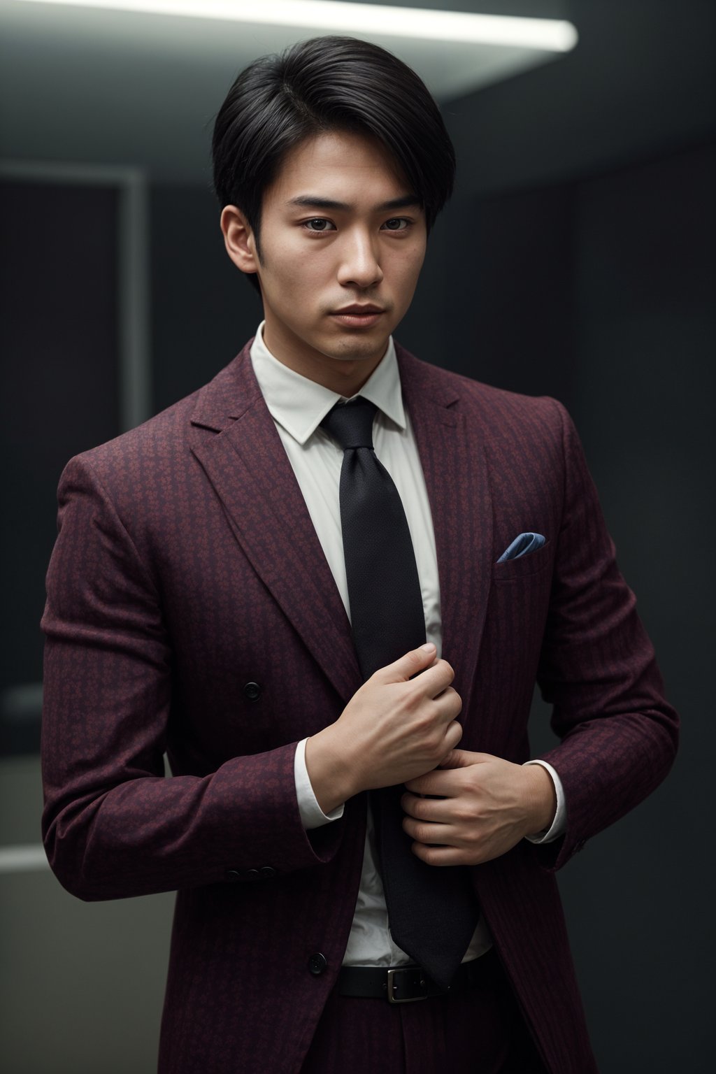 handsome and stylish man showcasing a dappersuit in a bold plaid pattern with a solid-colored shirt and a knitted tie