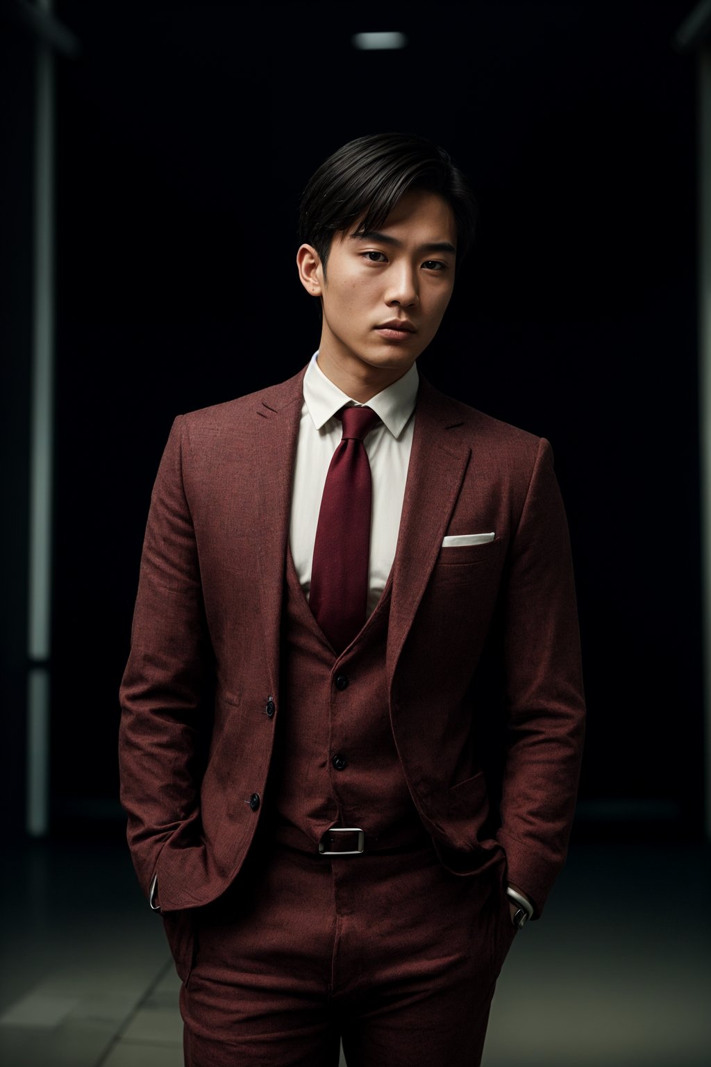 handsome and stylish man showcasing a dappersuit in a bold plaid pattern with a solid-colored shirt and a knitted tie