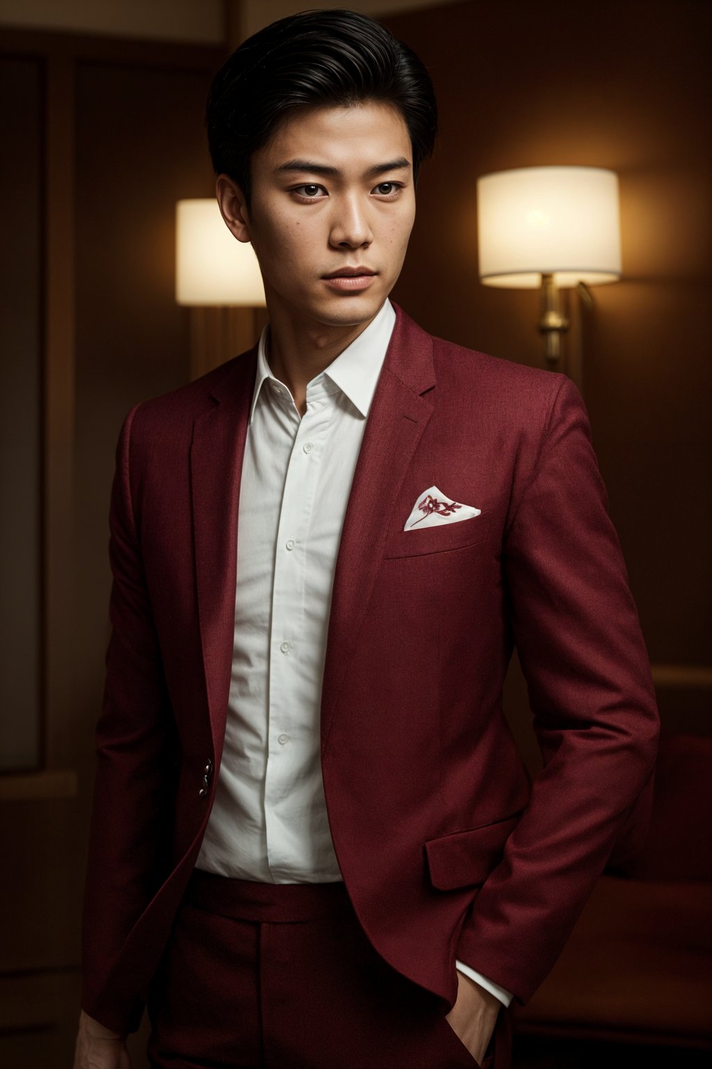 handsome and stylish man trying on a stylish three-piece suit in a rich burgundy color with a crisp white shirt and a paisley patterned pocket square