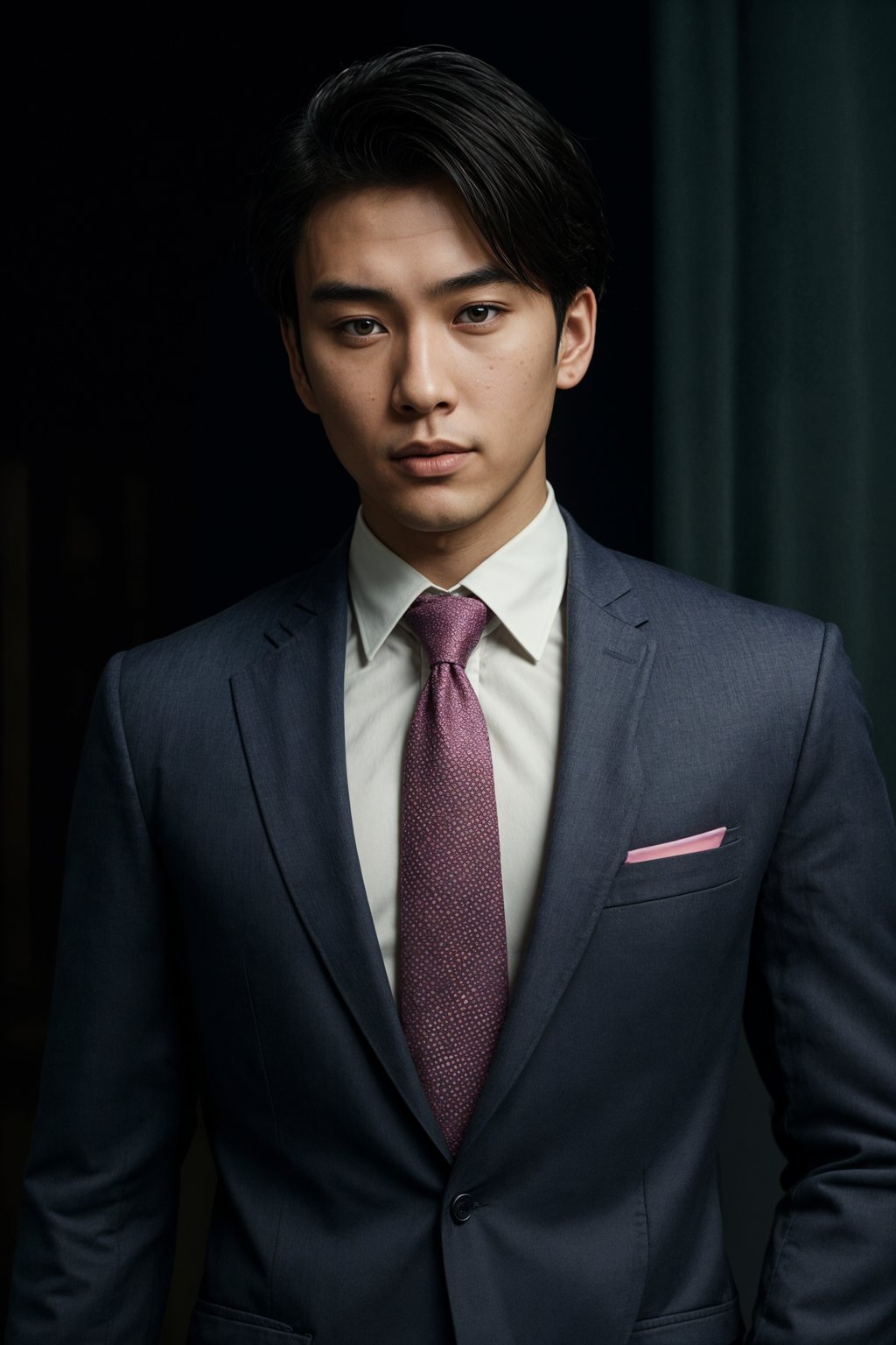 handsome and stylish man wearing a classic navy herringbone suit with a light pink dress shirt and a polka dot tie