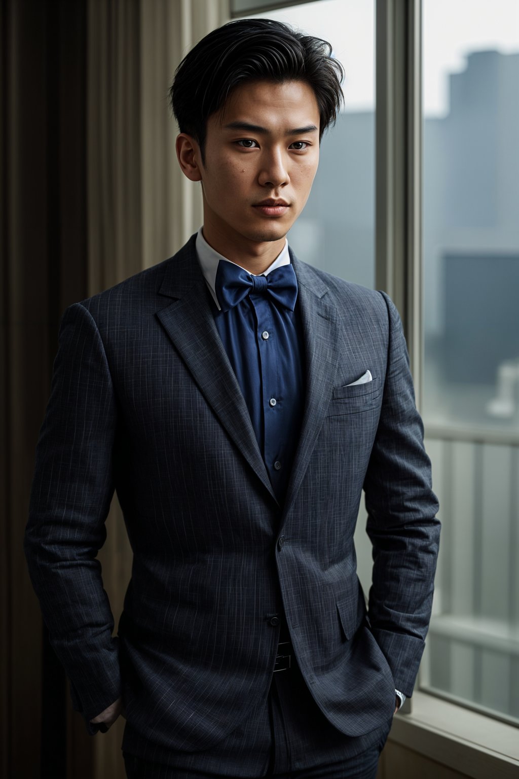 handsome and stylish man showcasing a unique windowpane check suit in a navy blue color with a patterned shirt and a contrasting bow tie