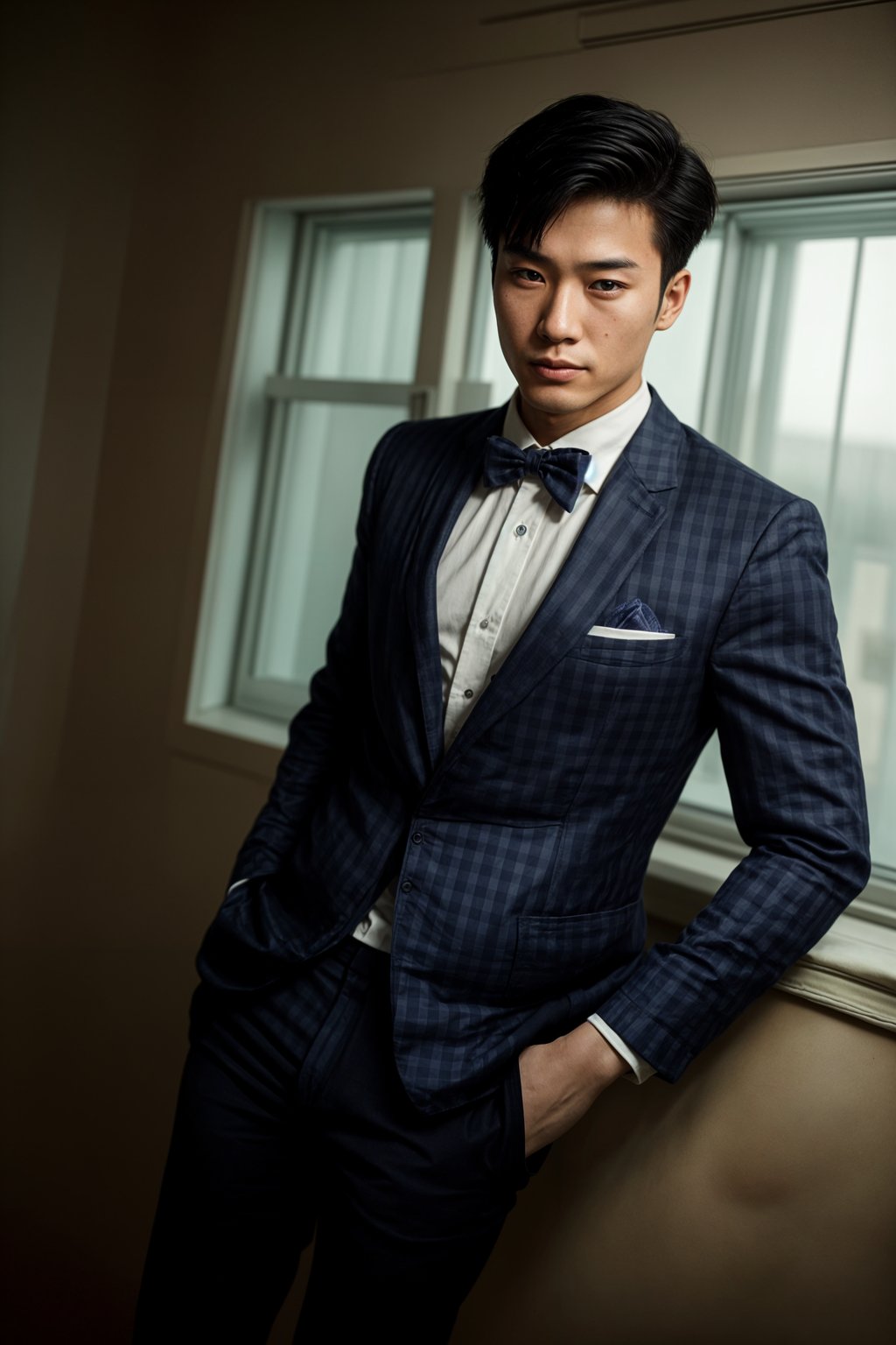 handsome and stylish man showcasing a unique windowpane check suit in a navy blue color with a patterned shirt and a contrasting bow tie