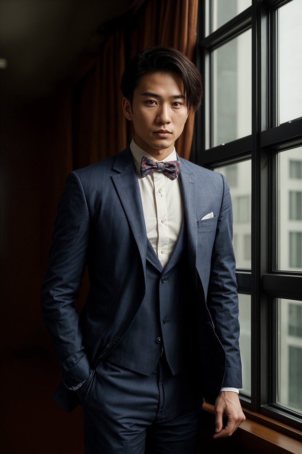 handsome and stylish man showcasing a unique windowpane check suit in a navy blue color with a patterned shirt and a contrasting bow tie