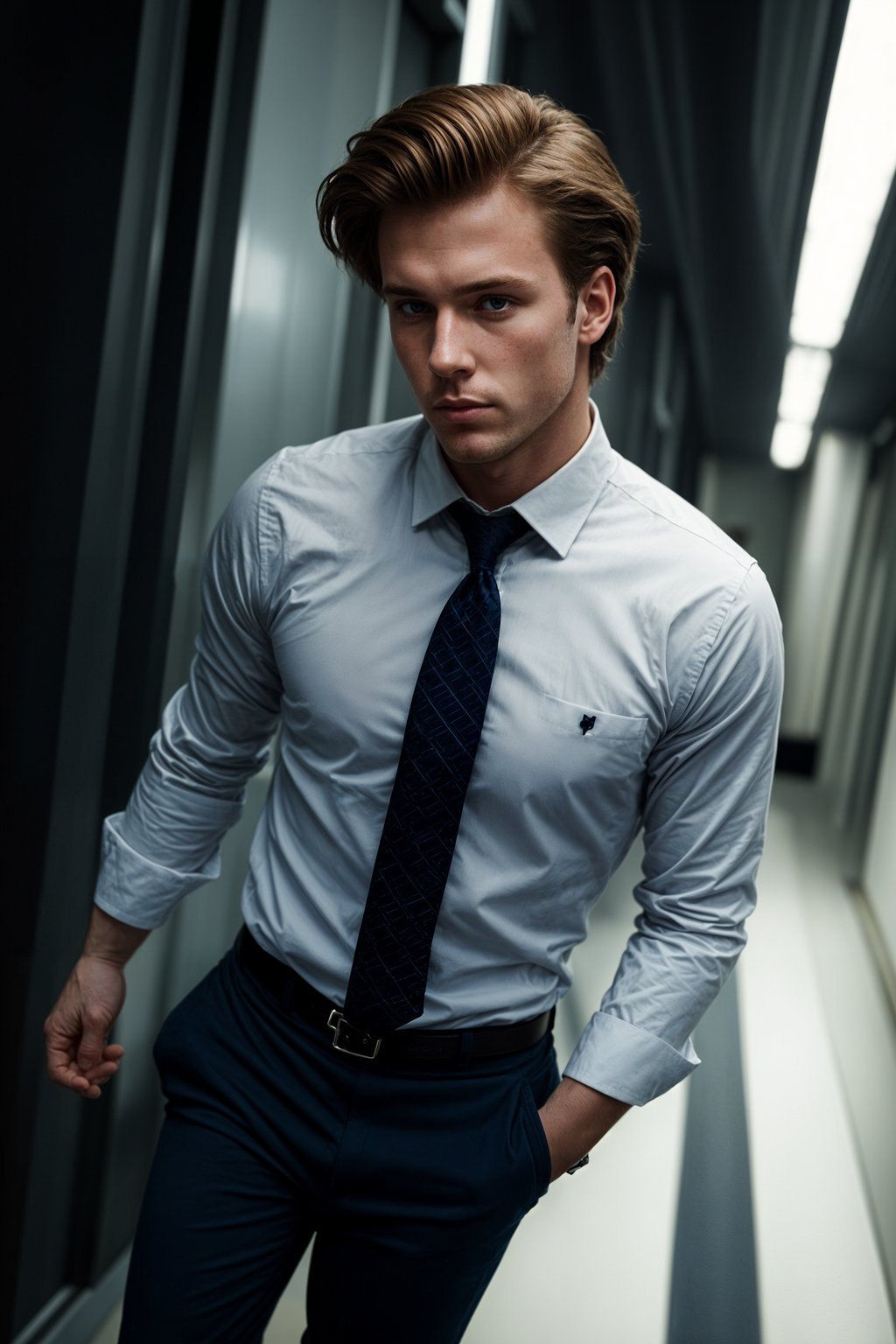 handsome and stylish man wearing a classic navy blue suit with a crisp white dress shirt and a patterned tie