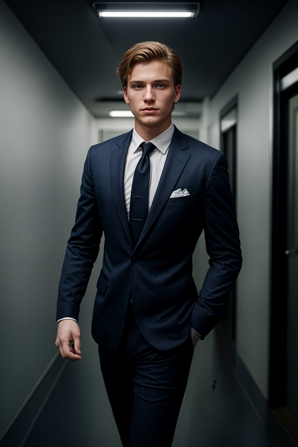 handsome and stylish man wearing a classic navy blue suit with a crisp white dress shirt and a patterned tie