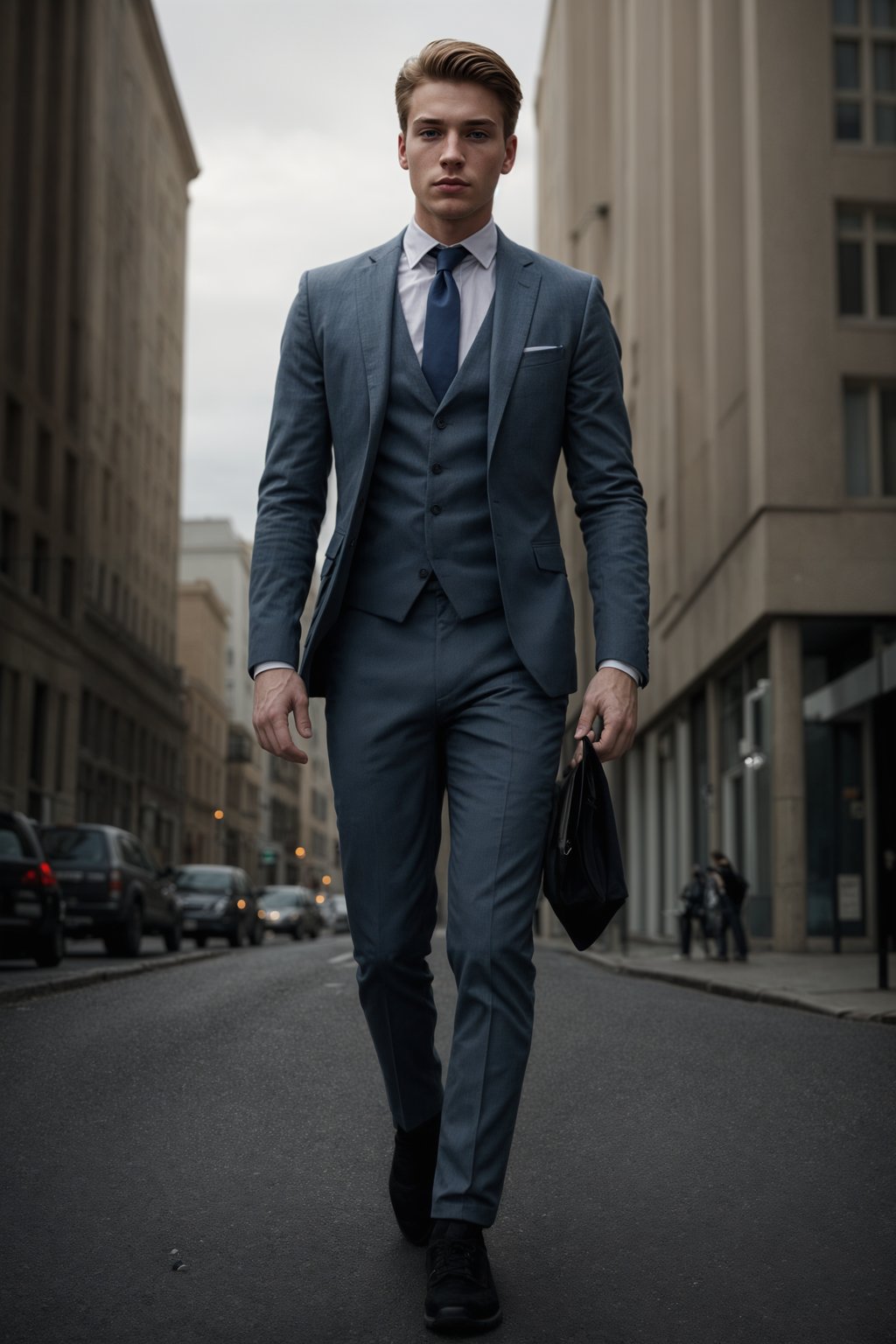 handsome and stylish man showcasing a modern slim-fit charcoal with a light blue dress shirt and a contrasting pocket square