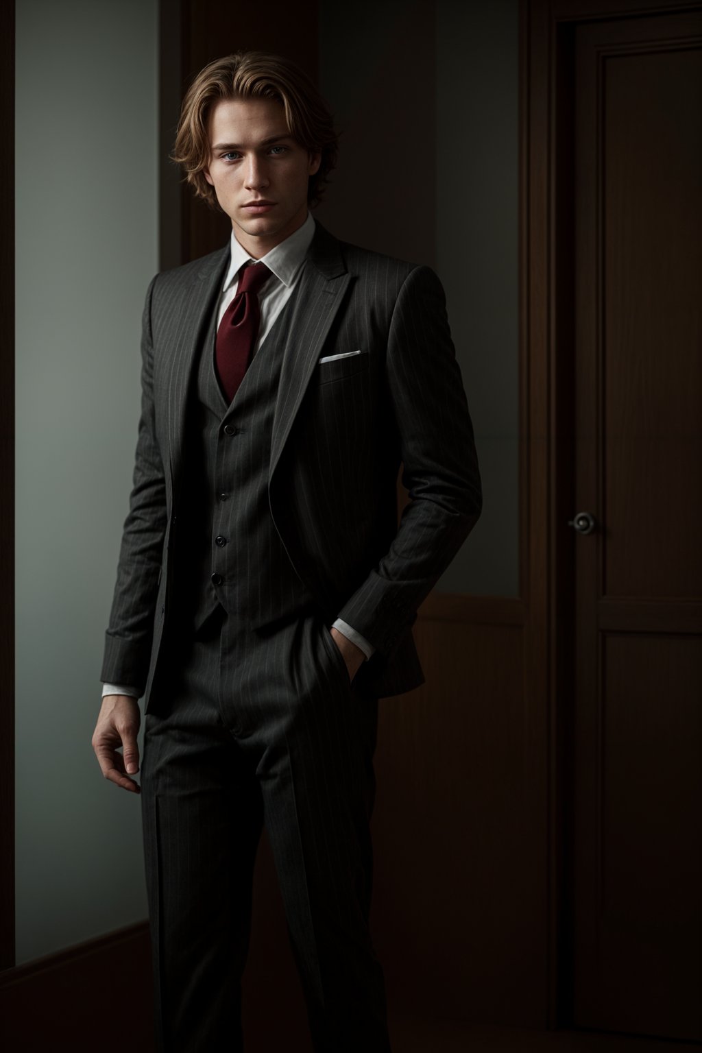 handsome and stylish man trying on a sophisticated pinstripe suit with a waistcoat and a burgundy tie