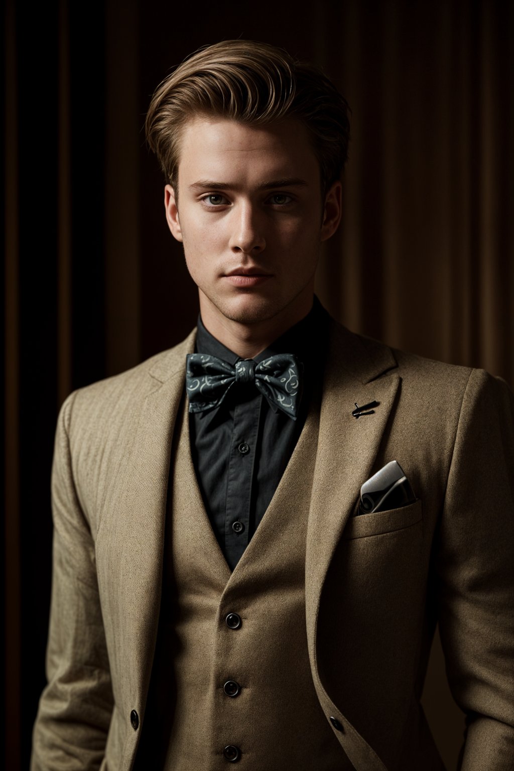 handsome and stylish man wearing a trendy tweed suit with a patterned bow tie and a contrasting vest