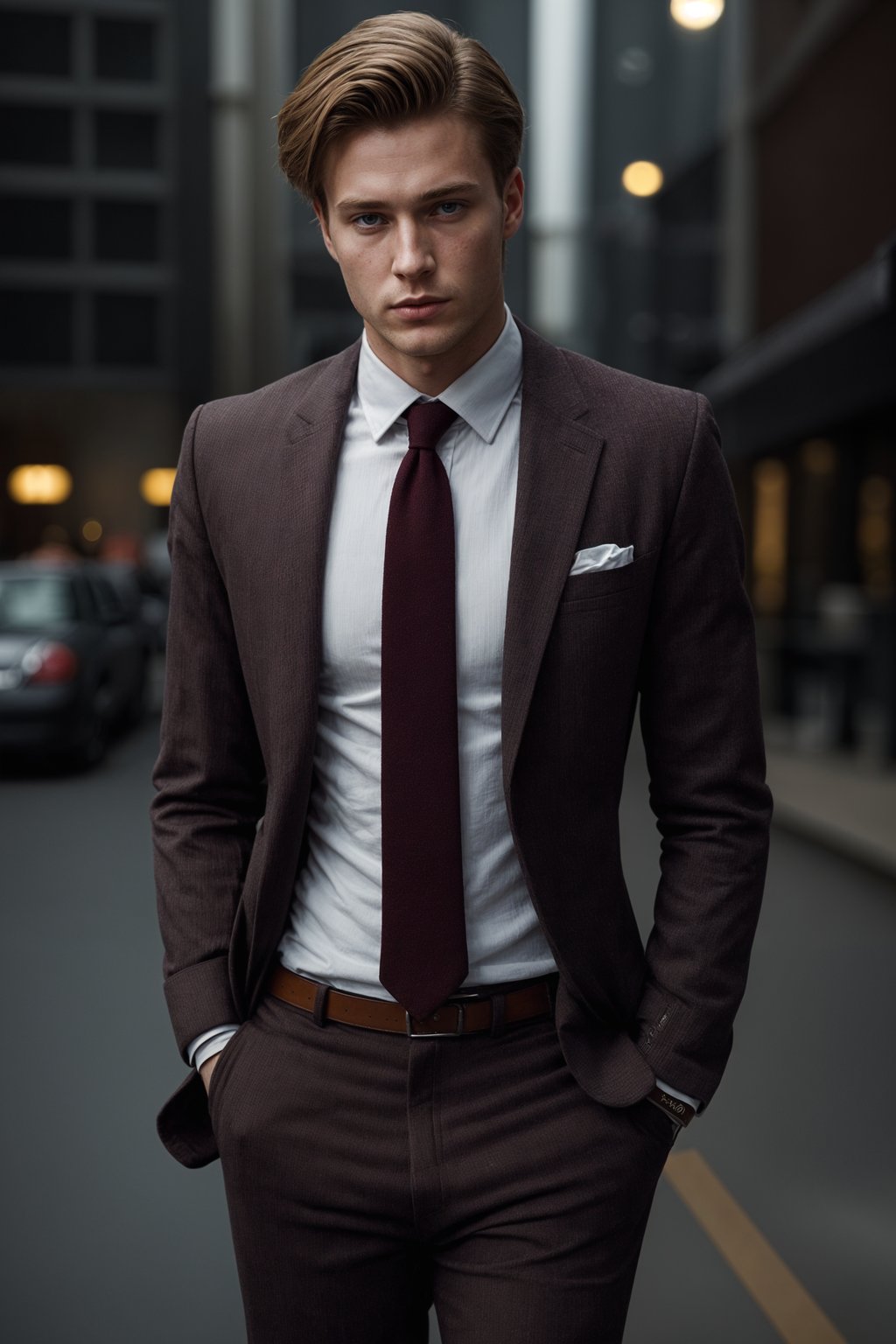 handsome and stylish man showcasing a dappersuit in a bold plaid pattern with a solid-colored shirt and a knitted tie