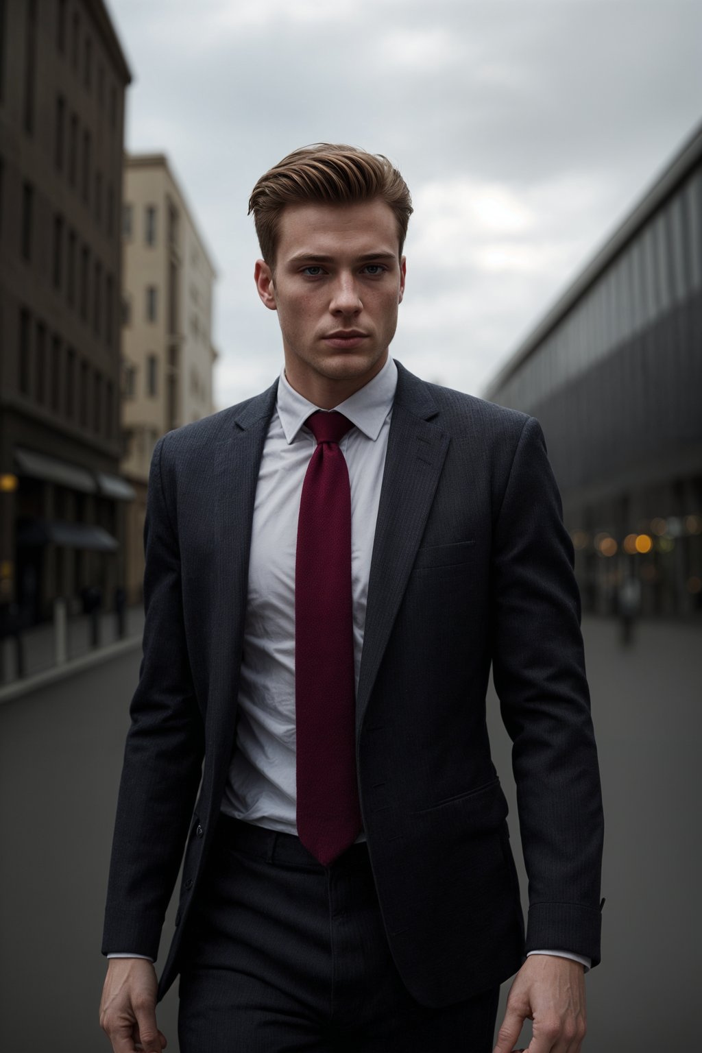 handsome and stylish man showcasing a dappersuit in a bold plaid pattern with a solid-colored shirt and a knitted tie