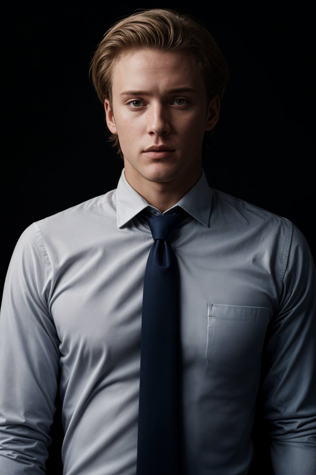 handsome and stylish man wearing a classic navy herringbone suit with a light pink dress shirt and a polka dot tie