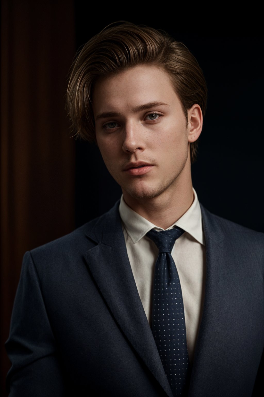 handsome and stylish man wearing a classic navy herringbone suit with a light pink dress shirt and a polka dot tie