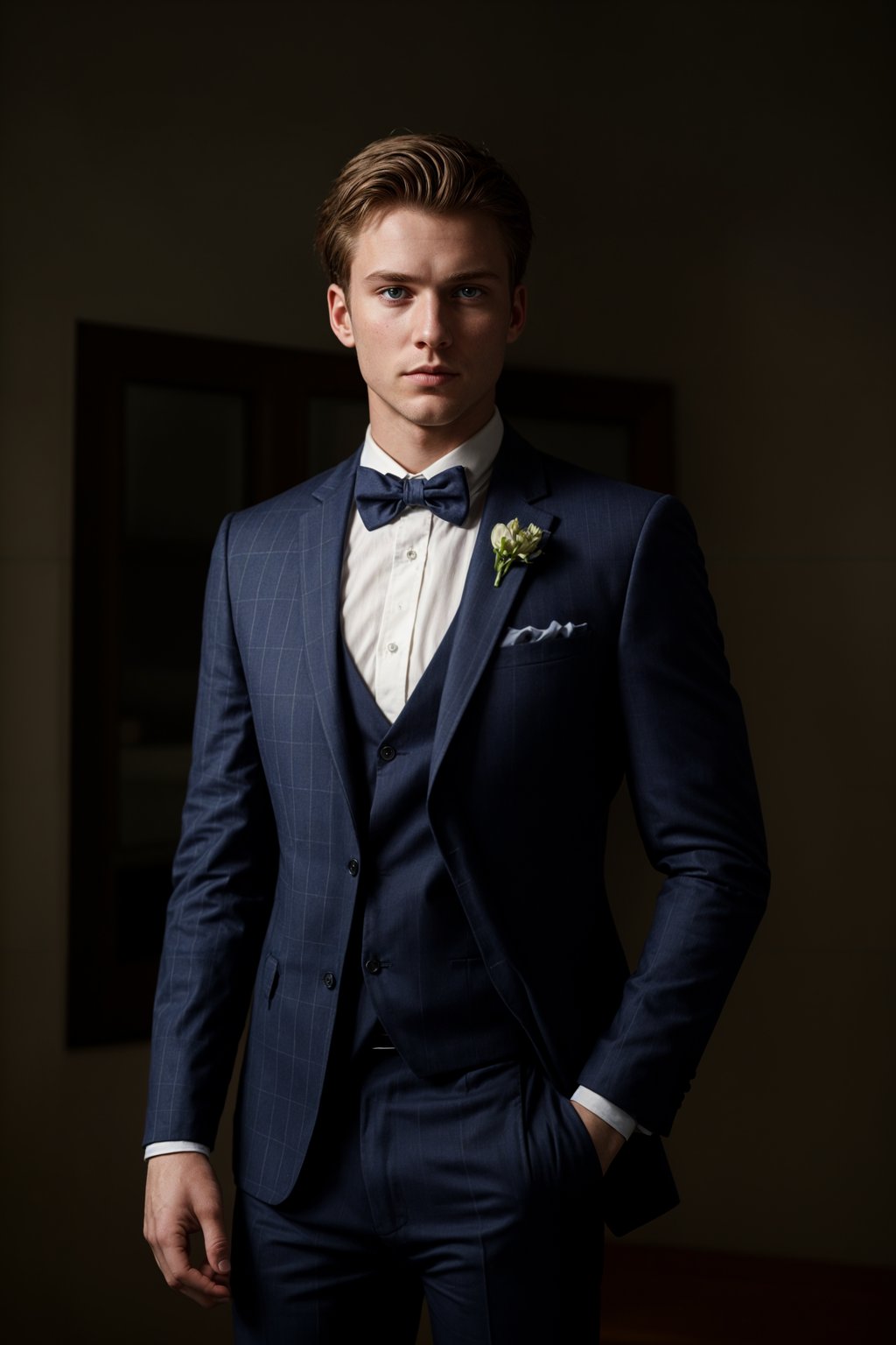 handsome and stylish man showcasing a unique windowpane check suit in a navy blue color with a patterned shirt and a contrasting bow tie