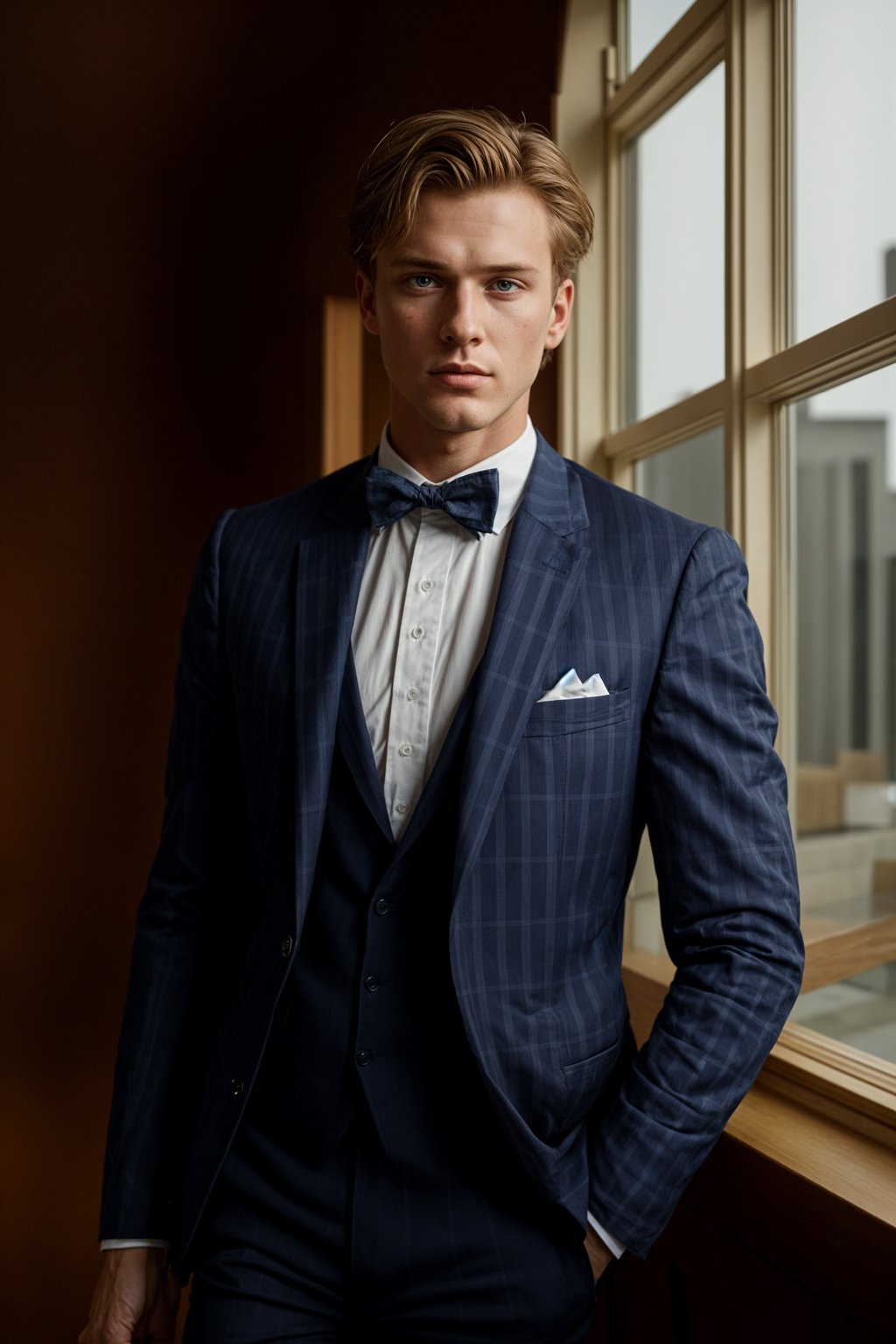 handsome and stylish man showcasing a unique windowpane check suit in a navy blue color with a patterned shirt and a contrasting bow tie