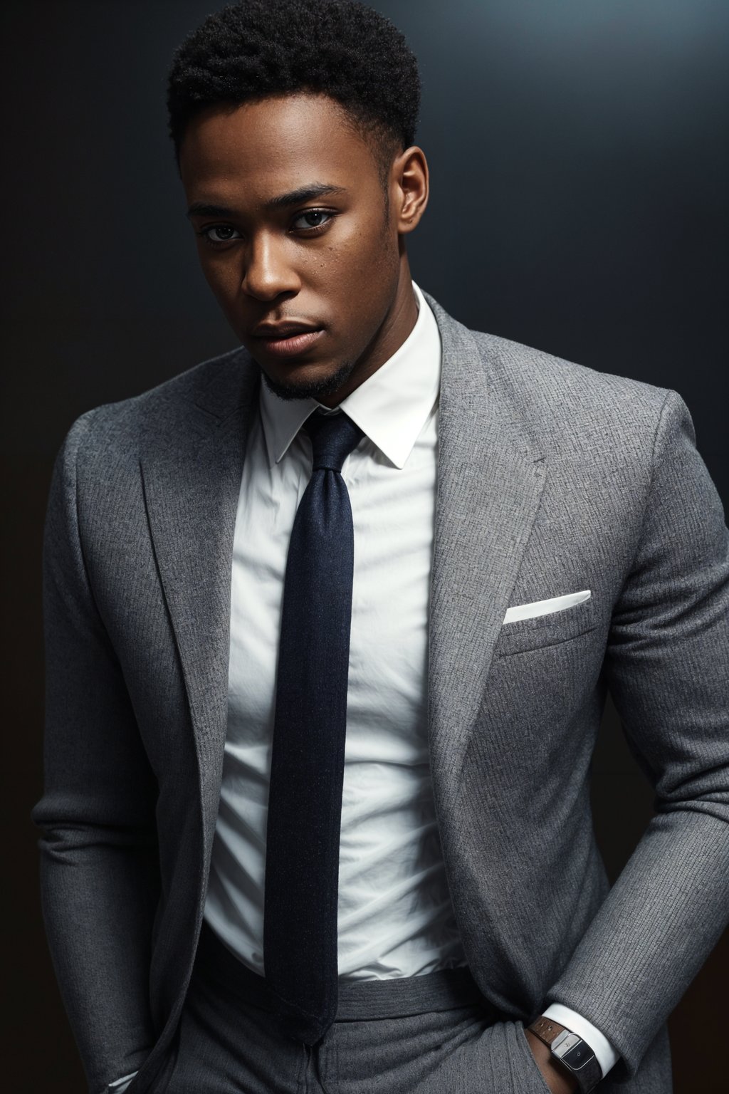 handsome and stylish man wearing a classic navy blue suit with a crisp white dress shirt and a patterned tie