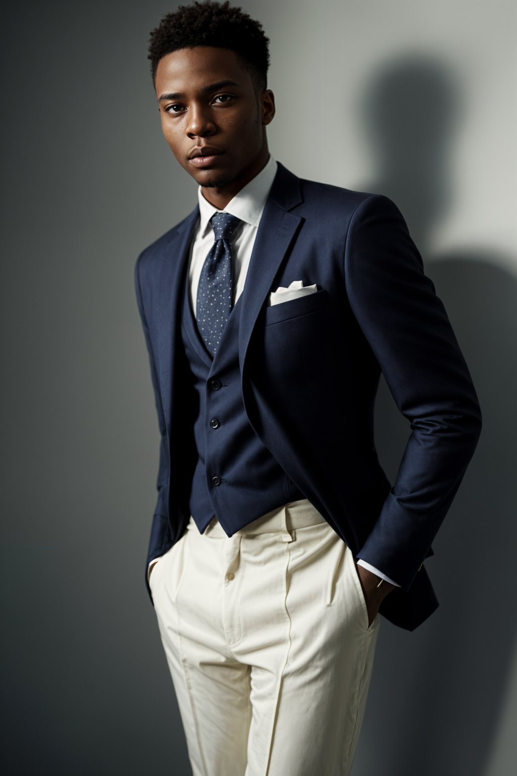 handsome and stylish man wearing a classic navy blue suit with a crisp white dress shirt and a patterned tie