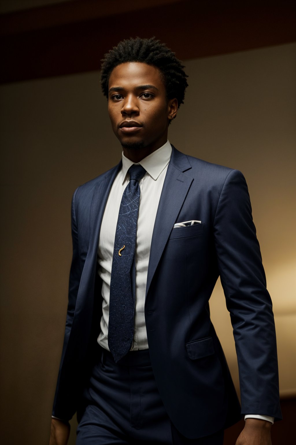 handsome and stylish man wearing a classic navy blue suit with a crisp white dress shirt and a patterned tie