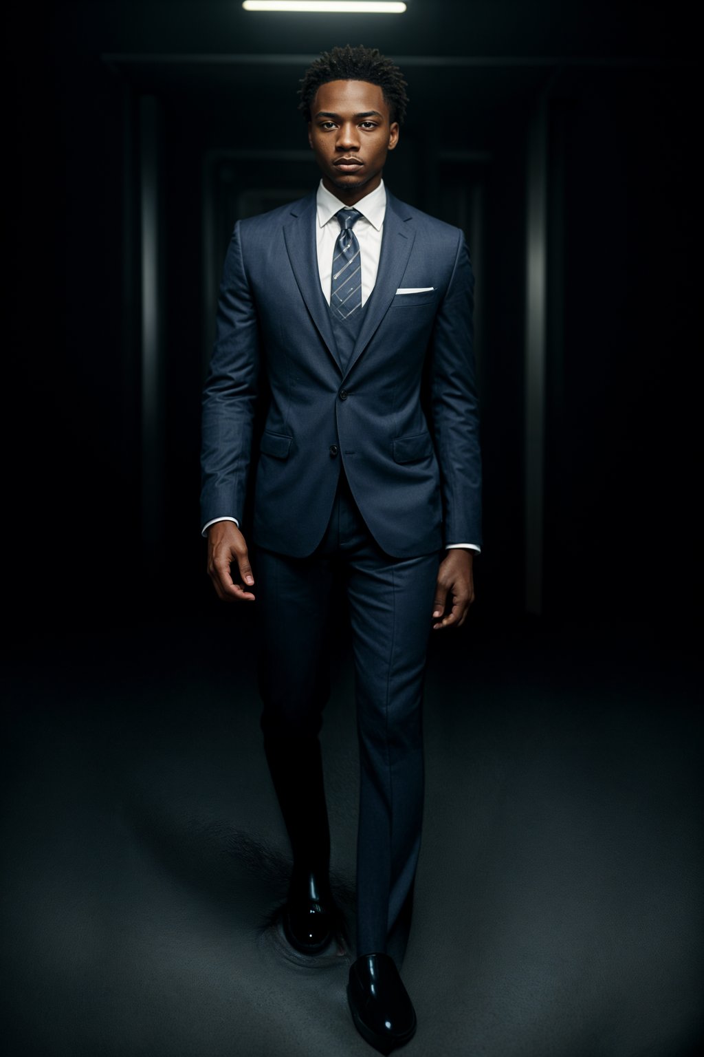 handsome and stylish man wearing a classic navy blue suit with a crisp white dress shirt and a patterned tie