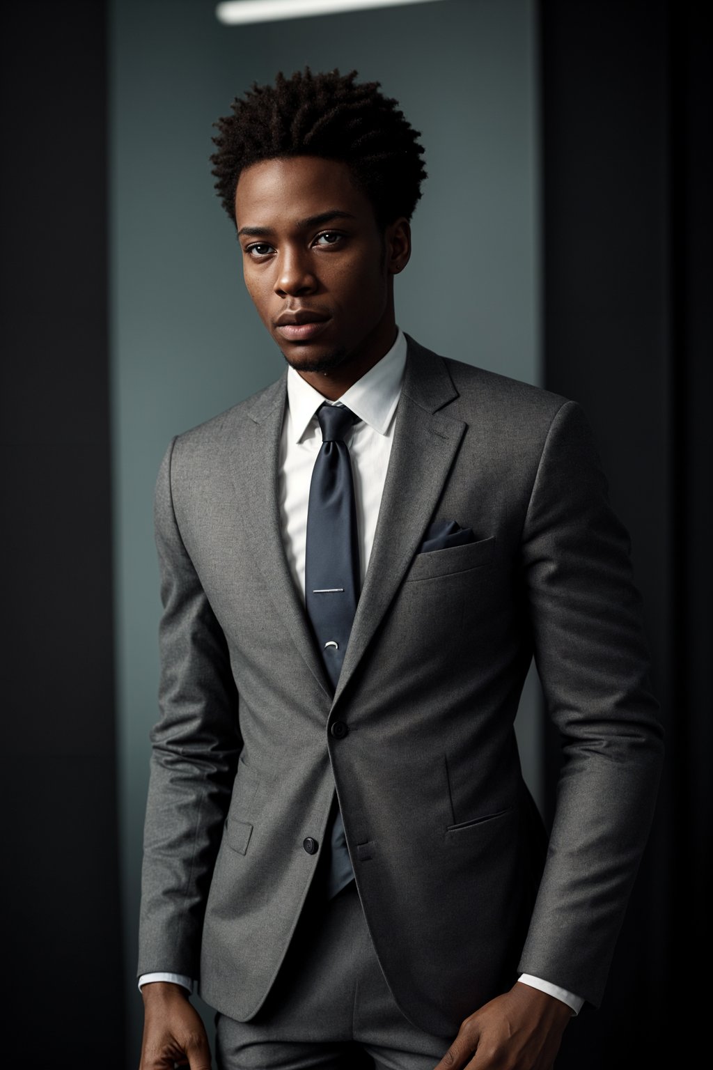 handsome and stylish man showcasing a modern slim-fit charcoal with a light blue dress shirt and a contrasting pocket square