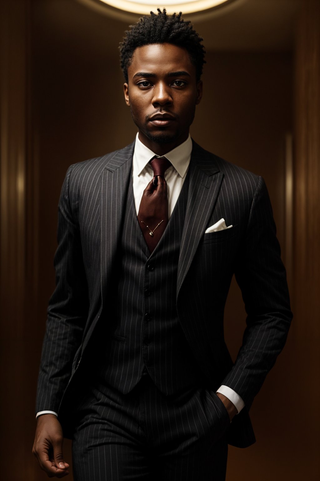 handsome and stylish man trying on a sophisticated pinstripe suit with a waistcoat and a burgundy tie