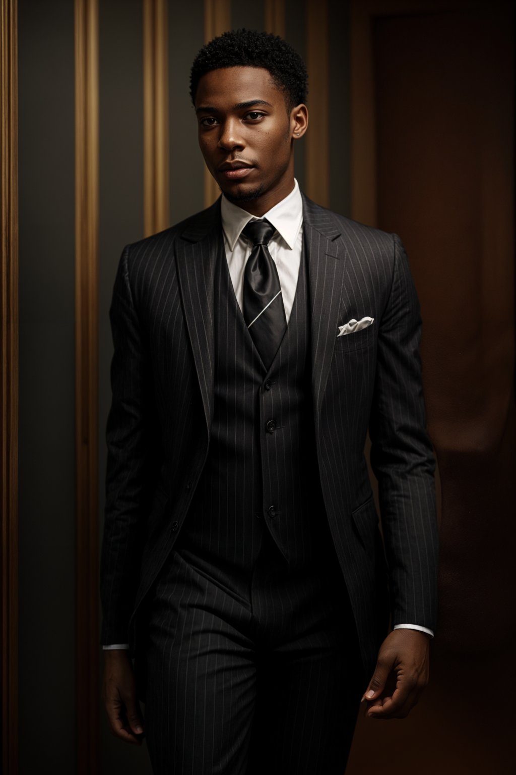 handsome and stylish man trying on a sophisticated pinstripe suit with a waistcoat and a burgundy tie