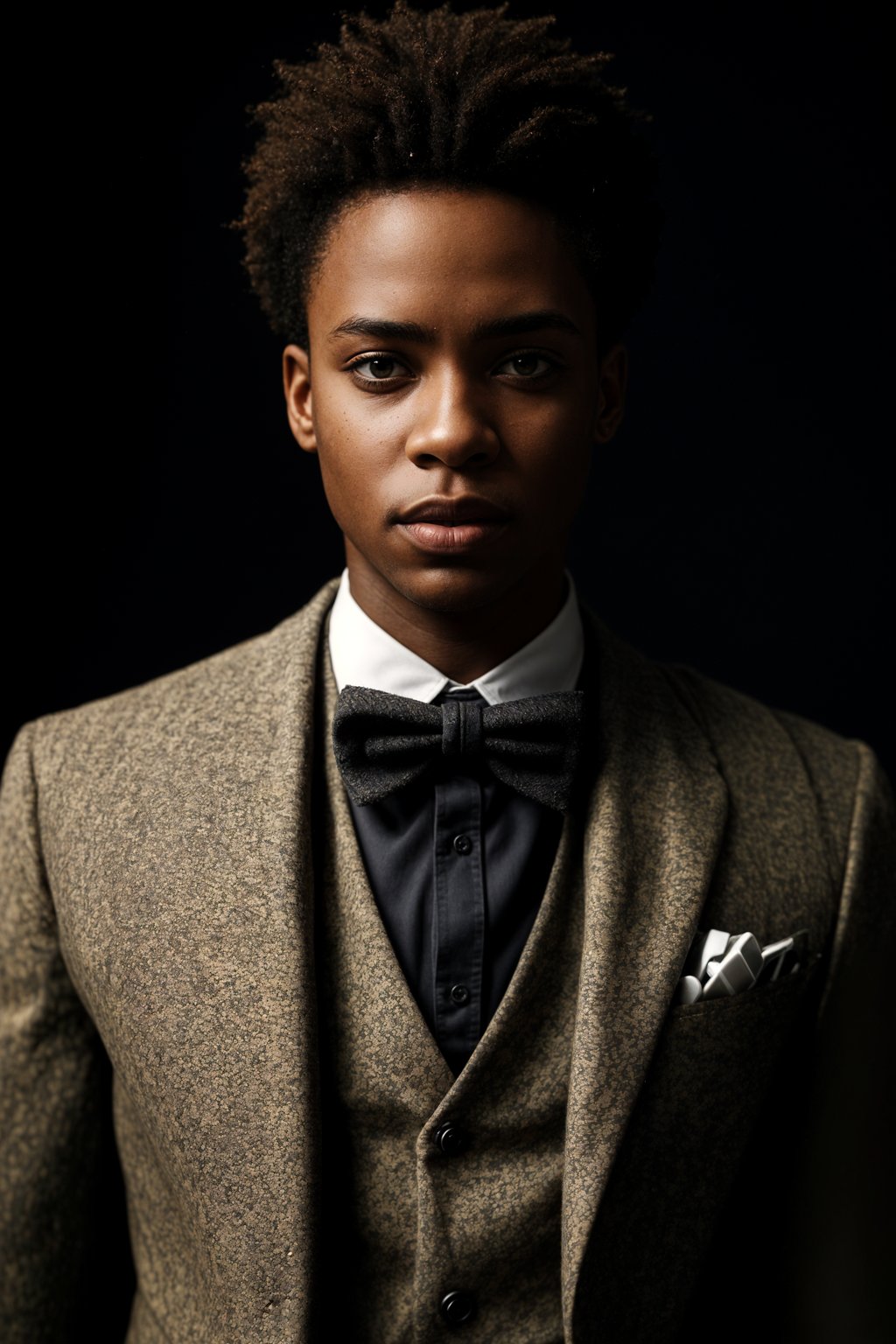 handsome and stylish man wearing a trendy tweed suit with a patterned bow tie and a contrasting vest