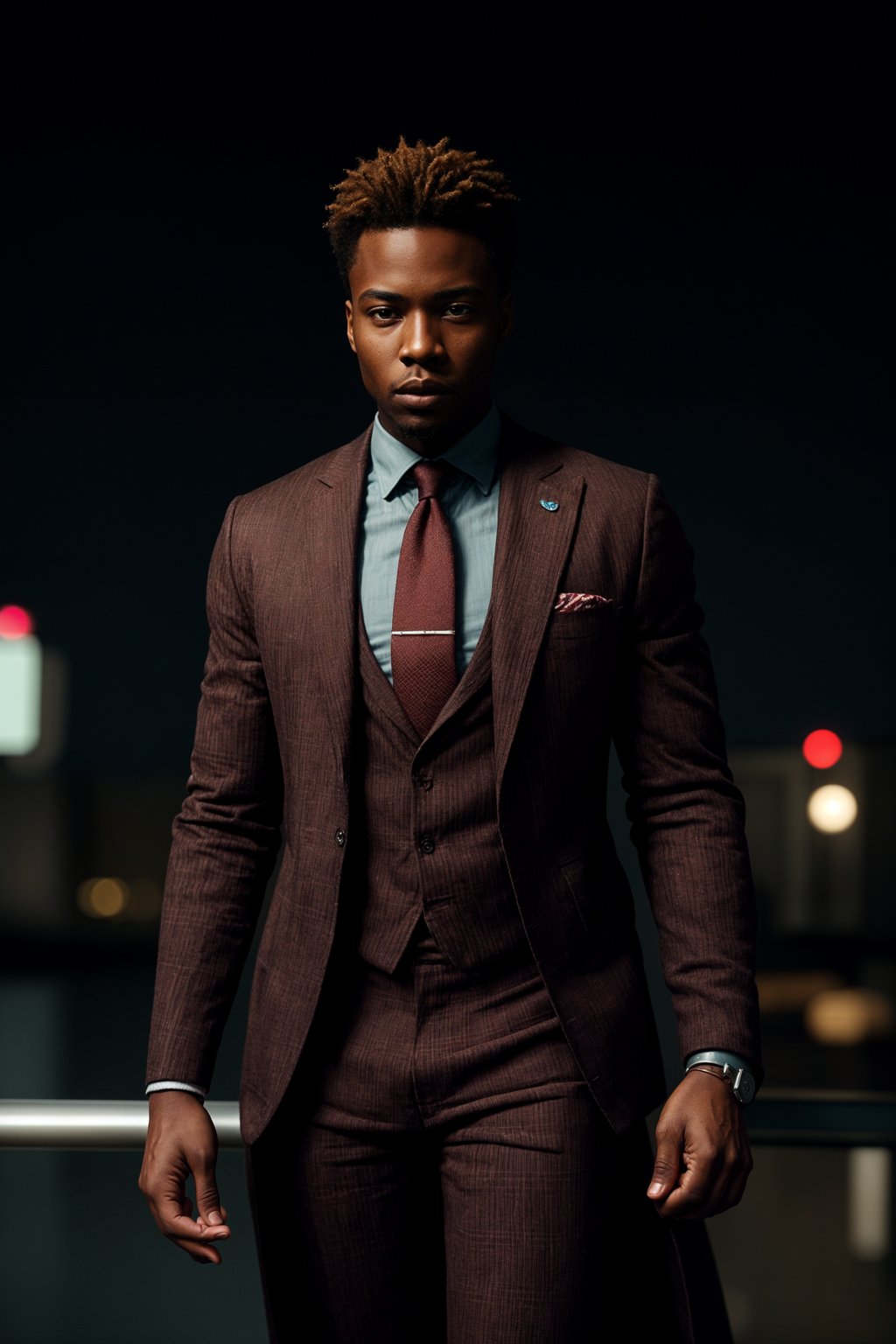 handsome and stylish man showcasing a dappersuit in a bold plaid pattern with a solid-colored shirt and a knitted tie