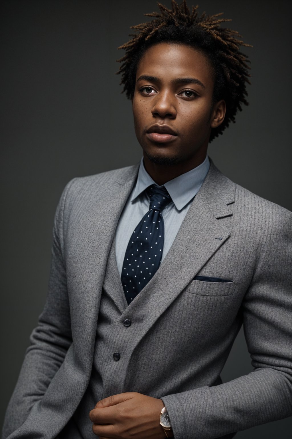 handsome and stylish man wearing a classic navy herringbone suit with a light pink dress shirt and a polka dot tie